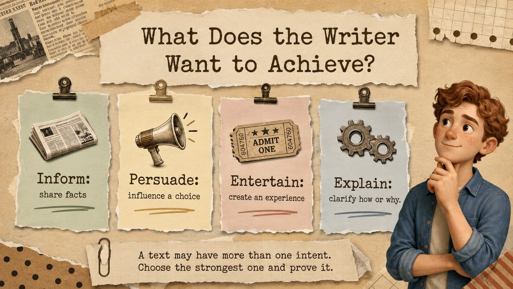 Writing intent lesson slide distinguishing informative, persuasive, entertaining, and explanatory purposes.