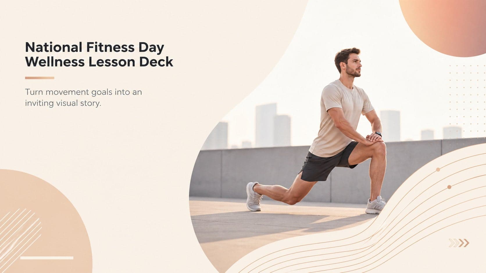 Beige cover for a National Fitness Day wellness lesson deck with modern geometric fitness accents.