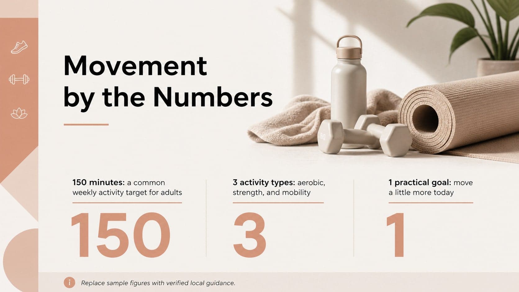 Warm beige fitness facts slide with three statistics for a community wellness presentation.