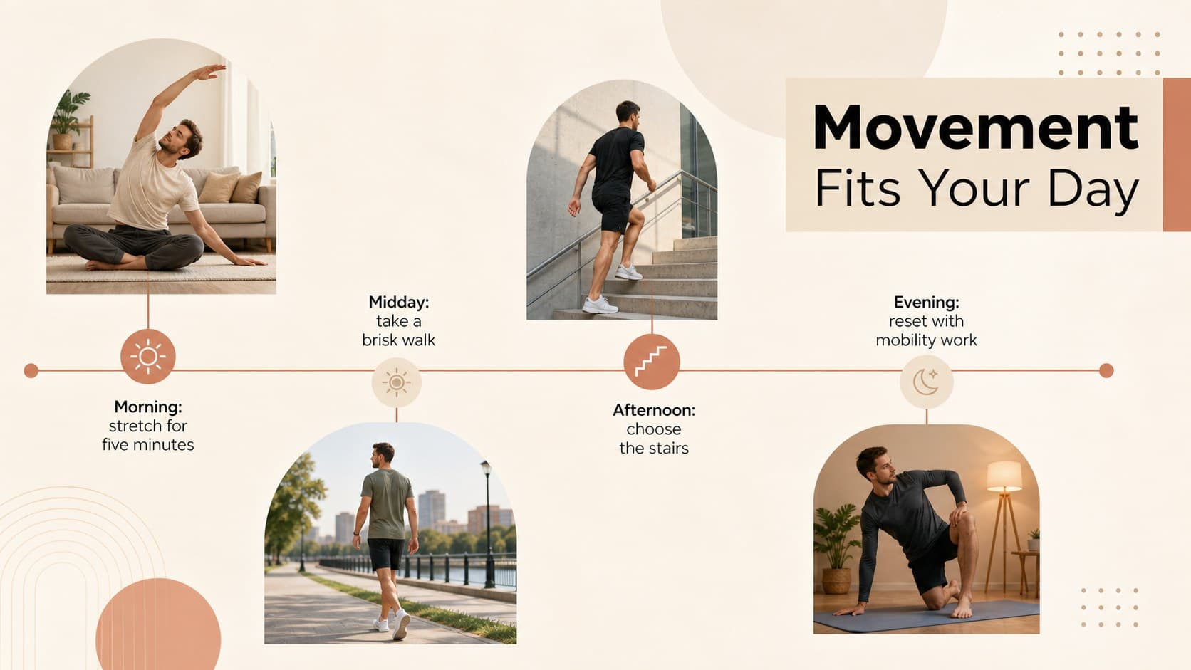 Beige daily activity challenge slide with practical ideas for adding movement throughout the day.