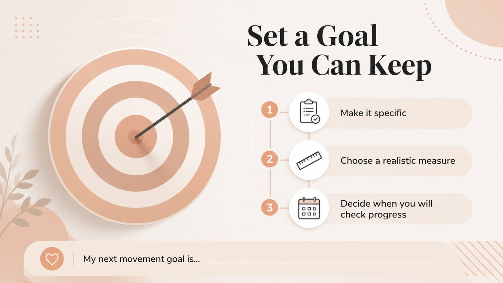 Fitness goal setting presentation slide with a simple specific and realistic planning framework.