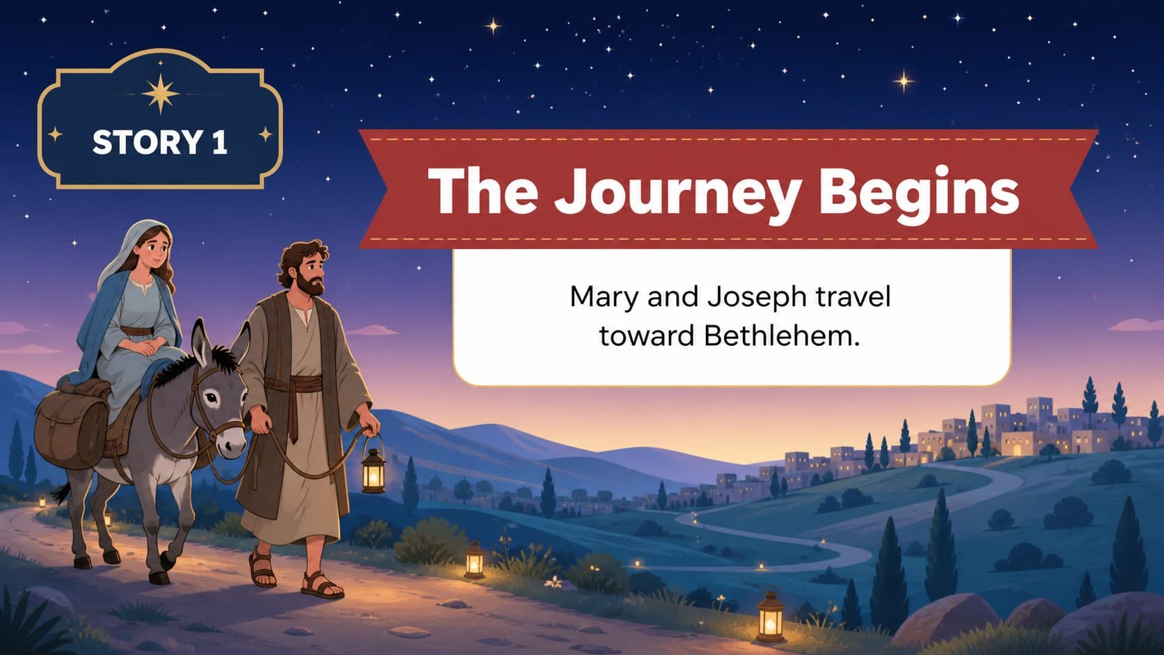 Illustrated opening scene for a Christmas Bible lesson presentation showing a peaceful nighttime journey.