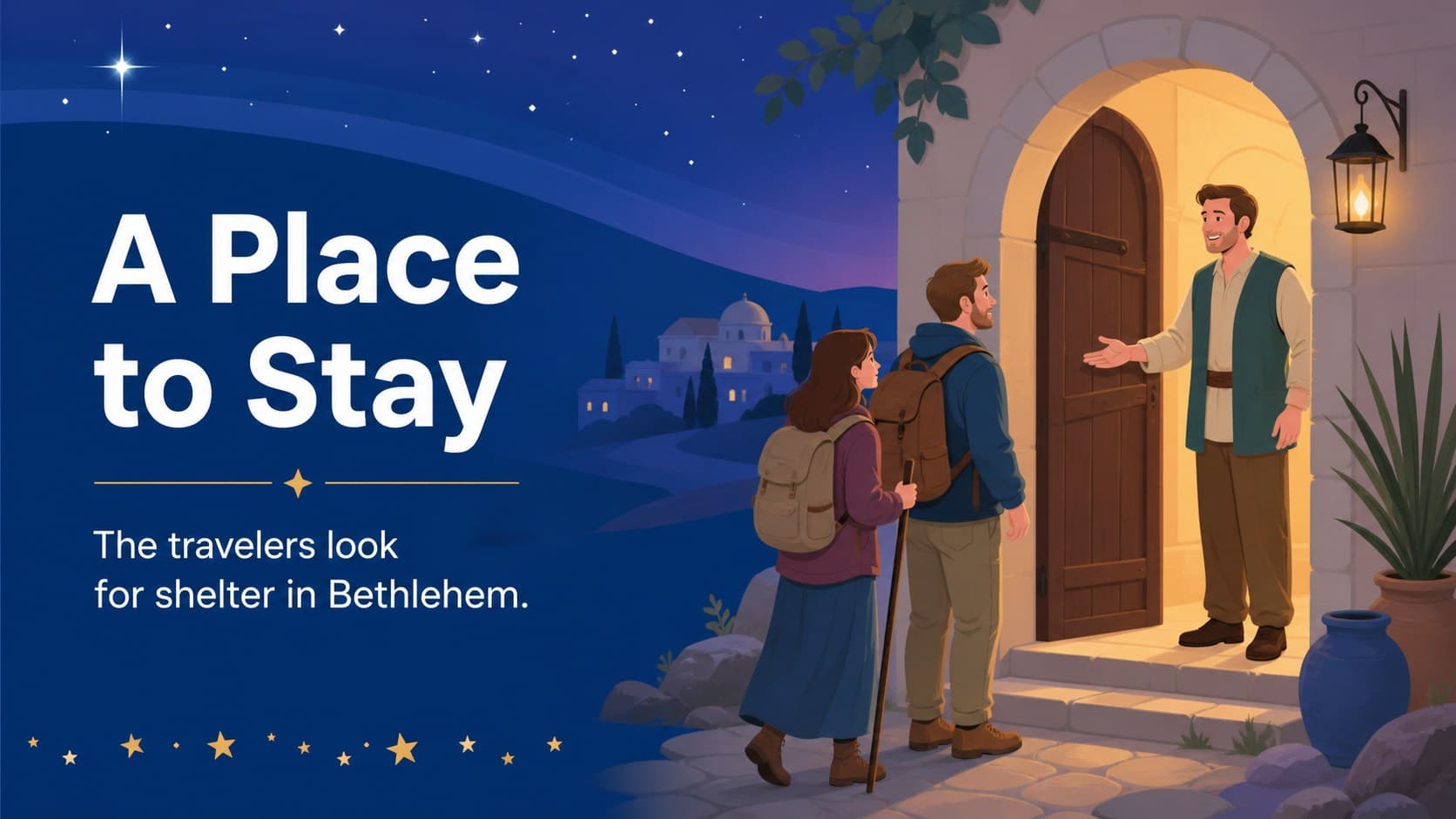 Bright illustrated Mary and Joseph scene for an editable Sunday school Christmas slide.
