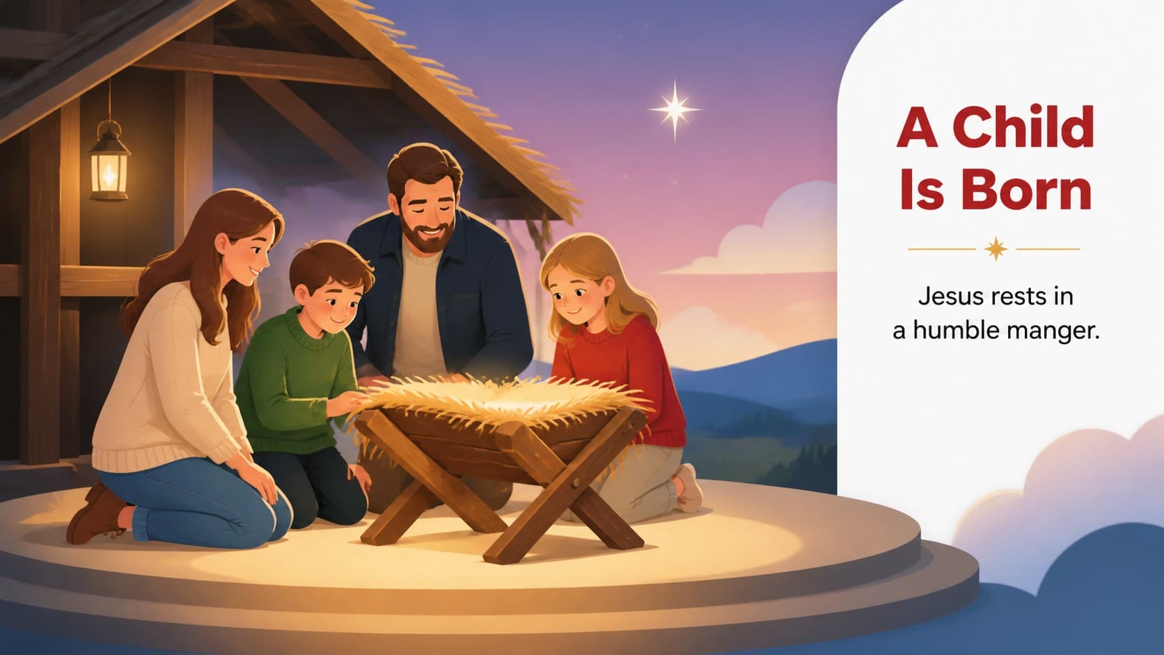 Warm illustrated manger scene for an illustrated birth of Jesus presentation.