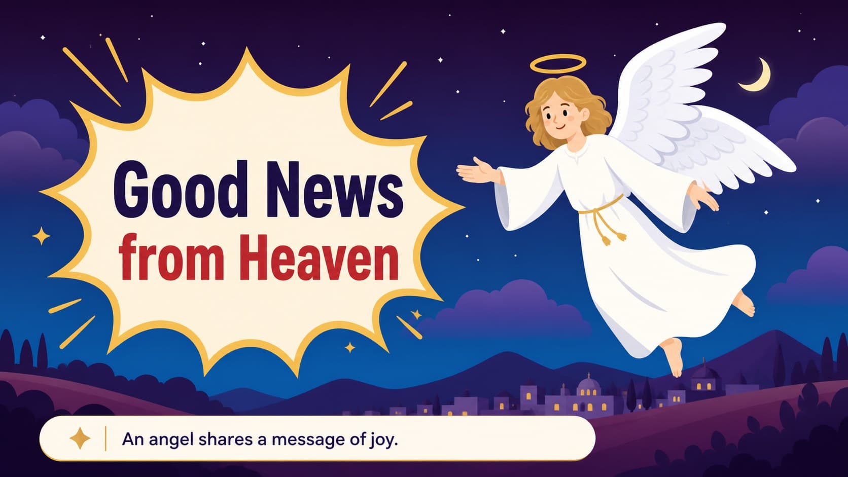 Friendly illustrated angel announcement for a kids church nativity slideshow.