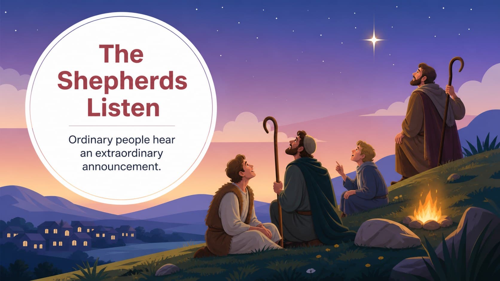 Colorful shepherds and hillside illustration for a nativity lesson designed for young learners.