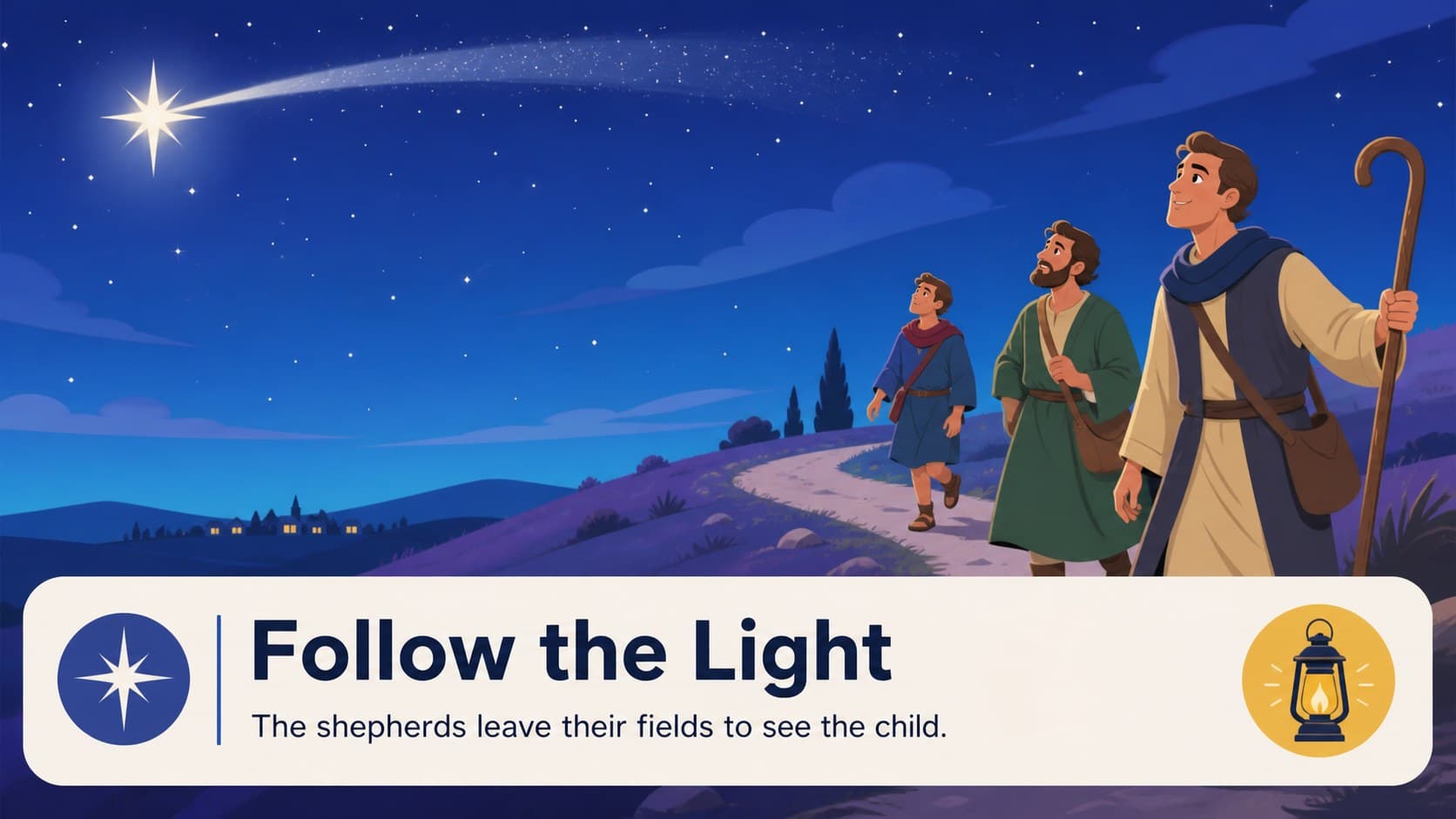 Illustrated shepherd response scene for a Christmas Bible lesson presentation.