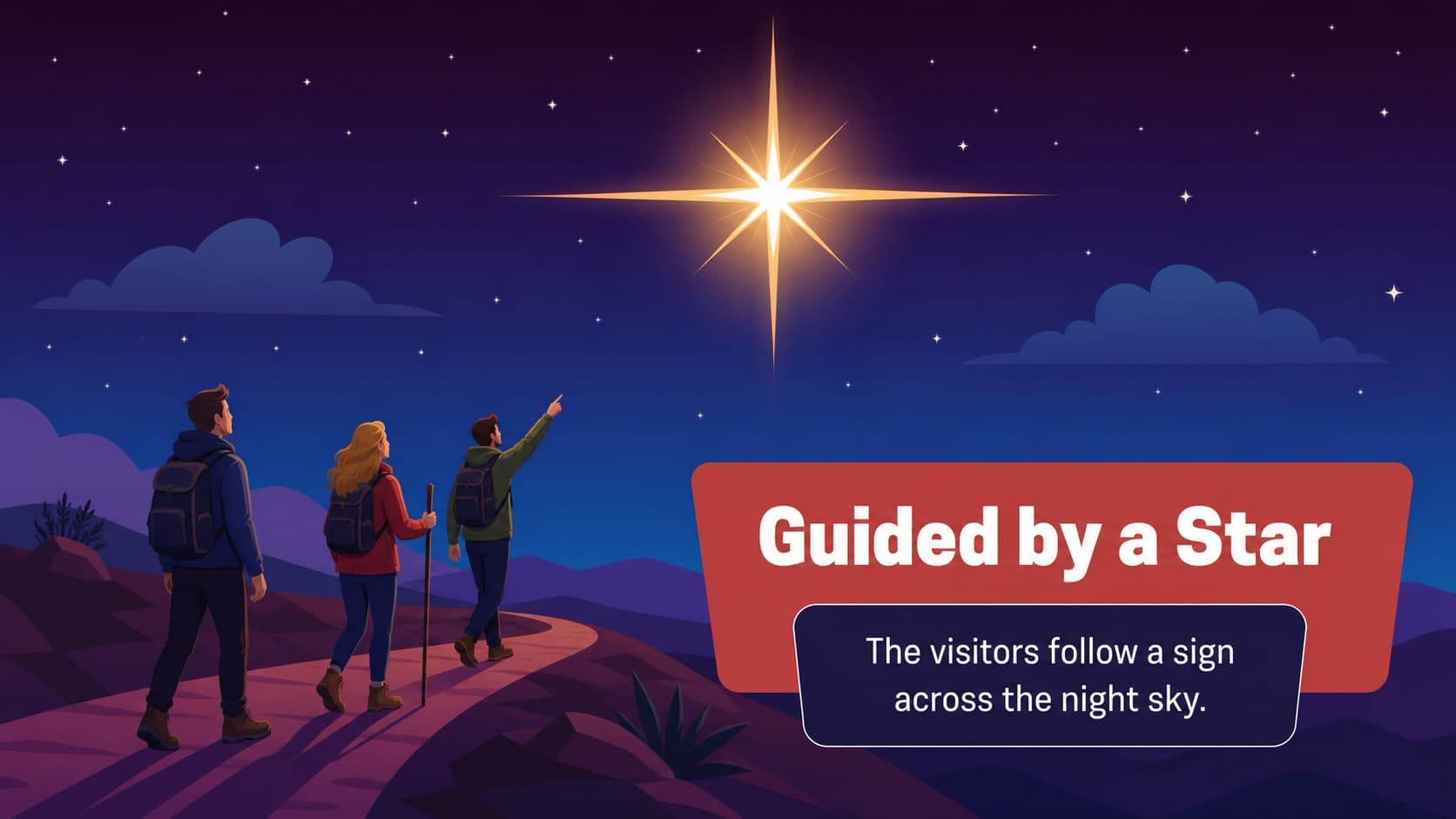 Illustrated star and travelers scene for editable Sunday school Christmas slides.