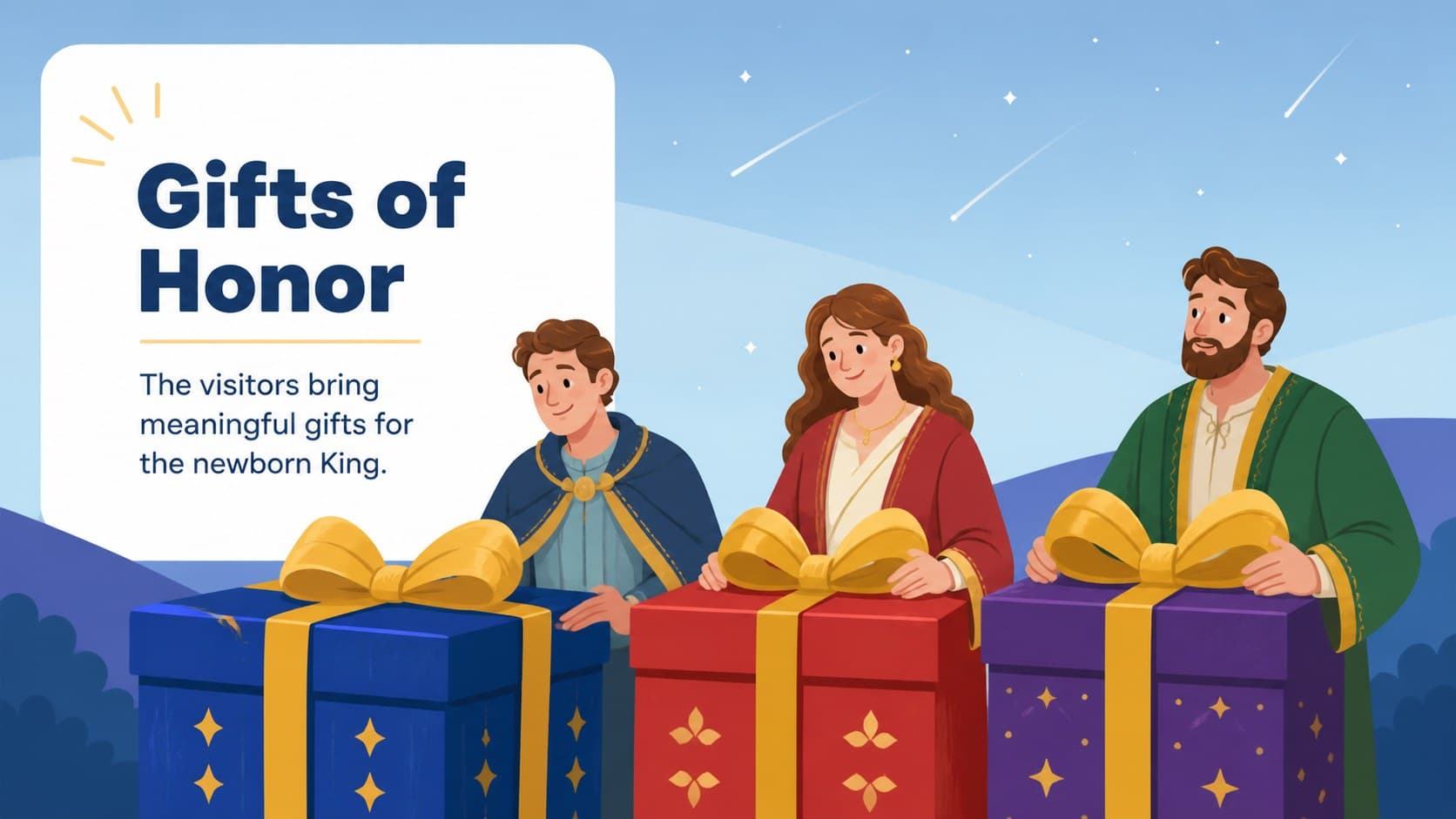 Illustrated gift presentation scene for a kids church nativity slideshow.