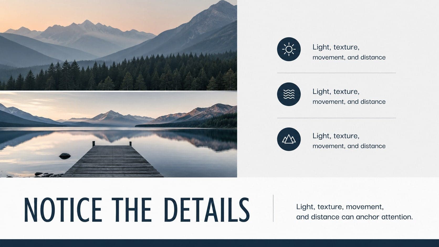 Landscape photography slide introducing mindful observation with colorful nature imagery.
