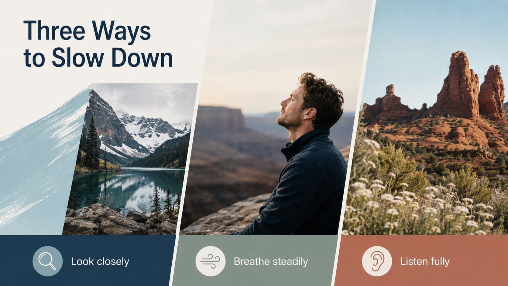 Three-image nature observation layout showing plants, mountains, and water for a wellness deck.
