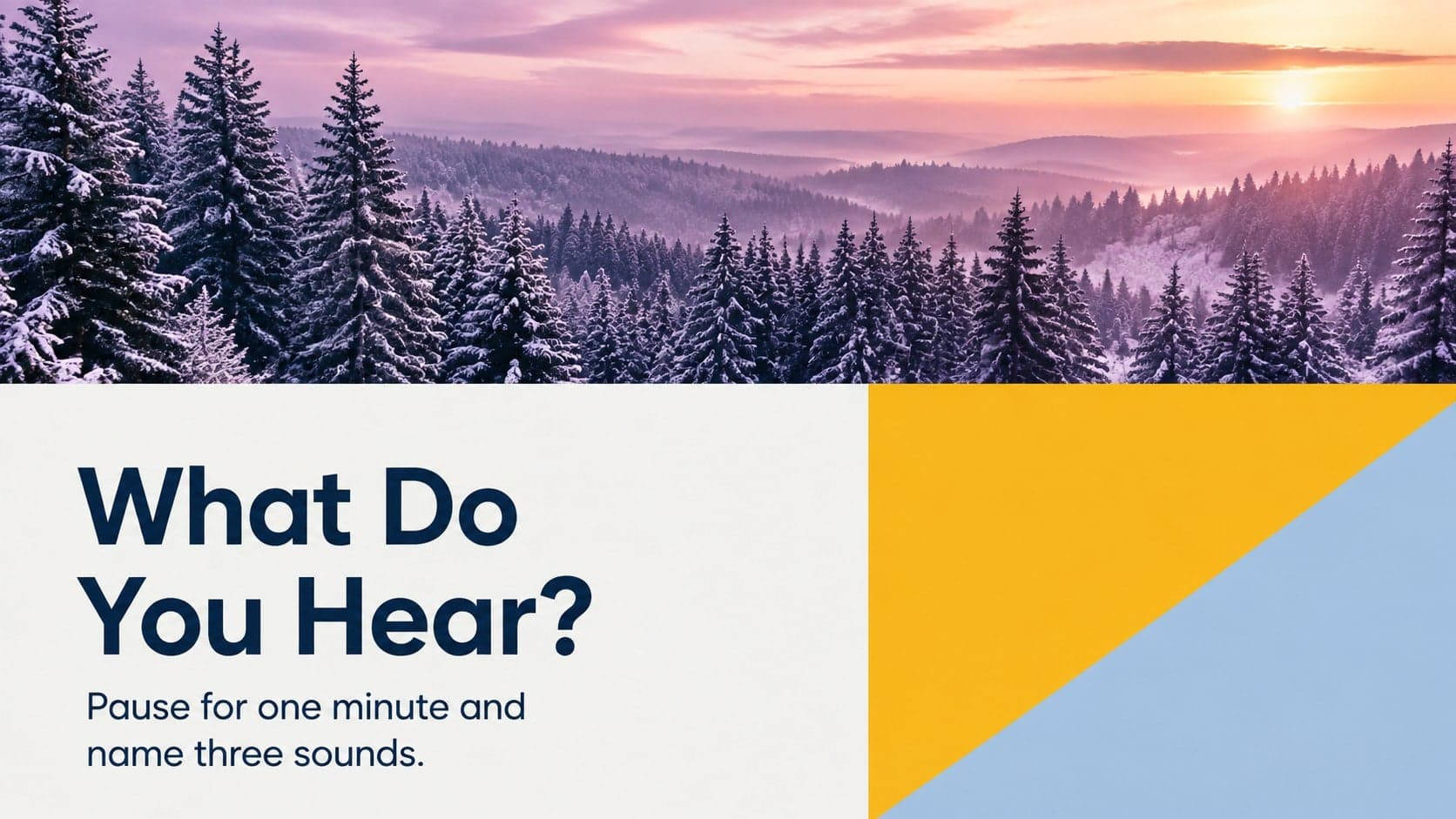 Mindfulness prompt slide with a wide forest photograph and concise reflection text.
