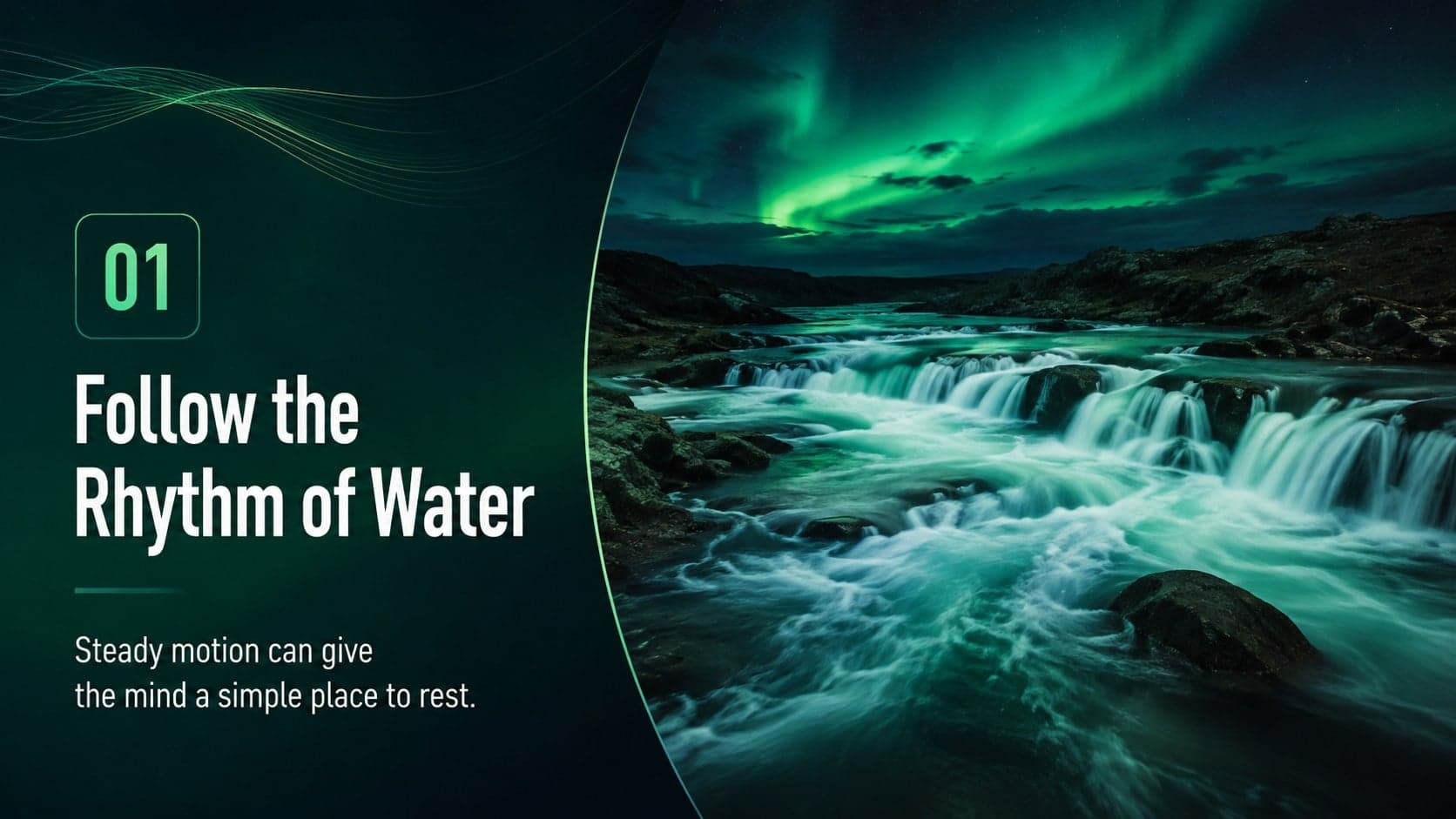 Photo-and-text slide explaining the calming effect of water in a nature therapy presentation.