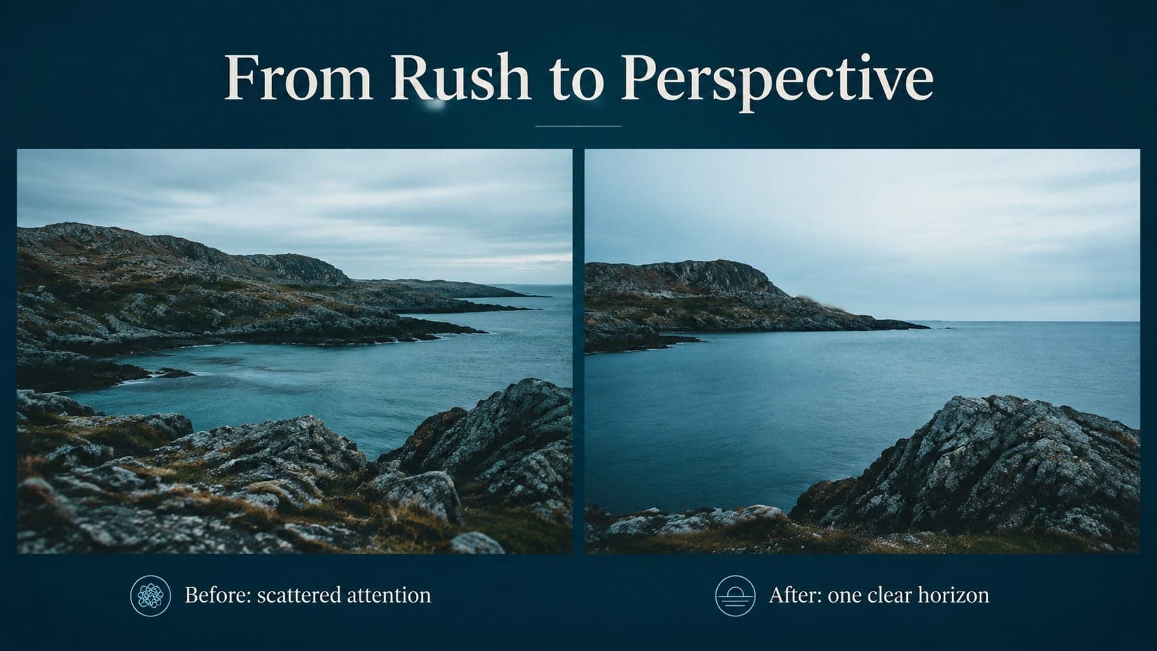 Mountain comparison slide contrasting busy thoughts with a calmer outdoor perspective.