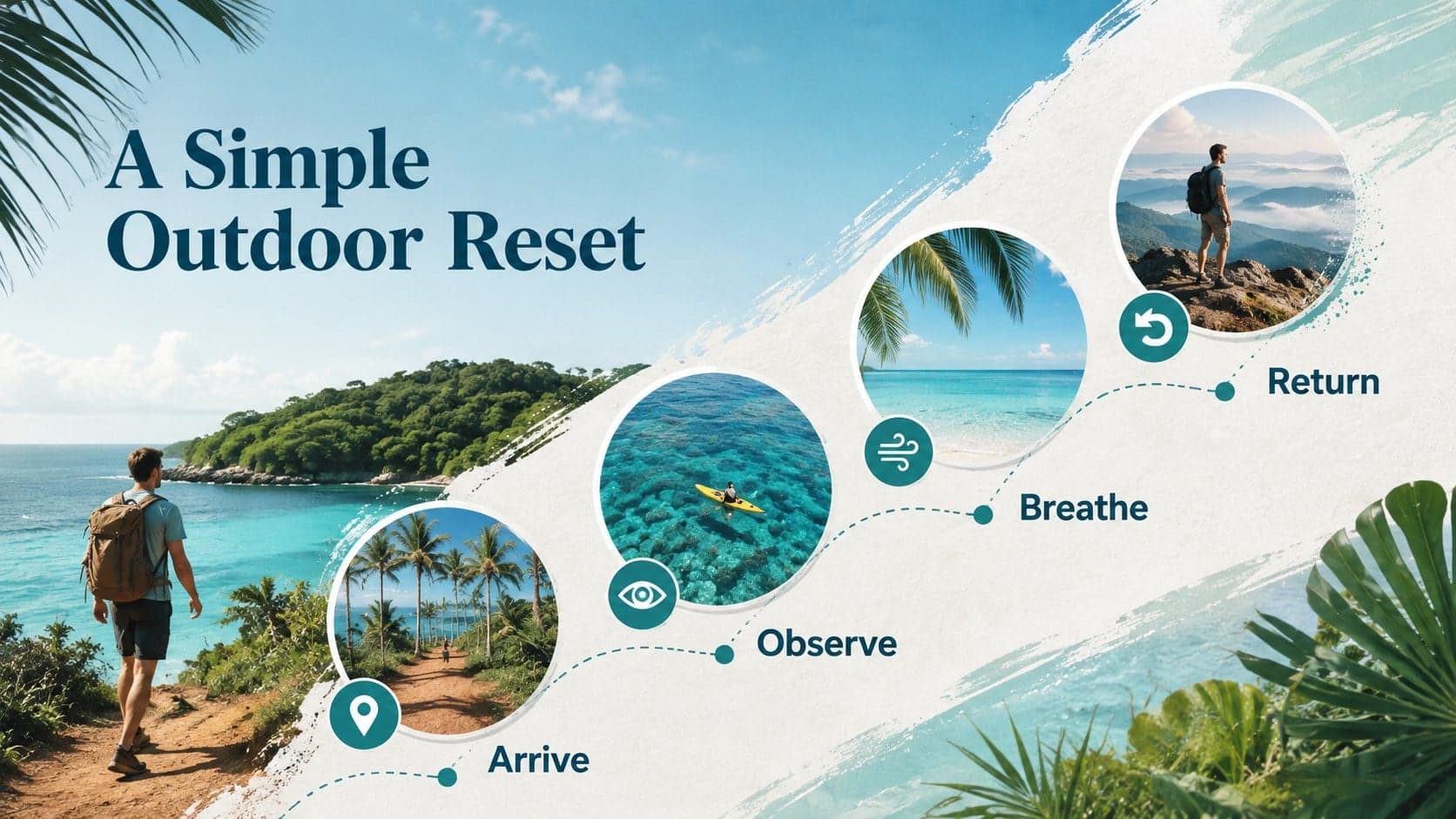 Four-step outdoor reflection process slide with scenic imagery and colorful labels.