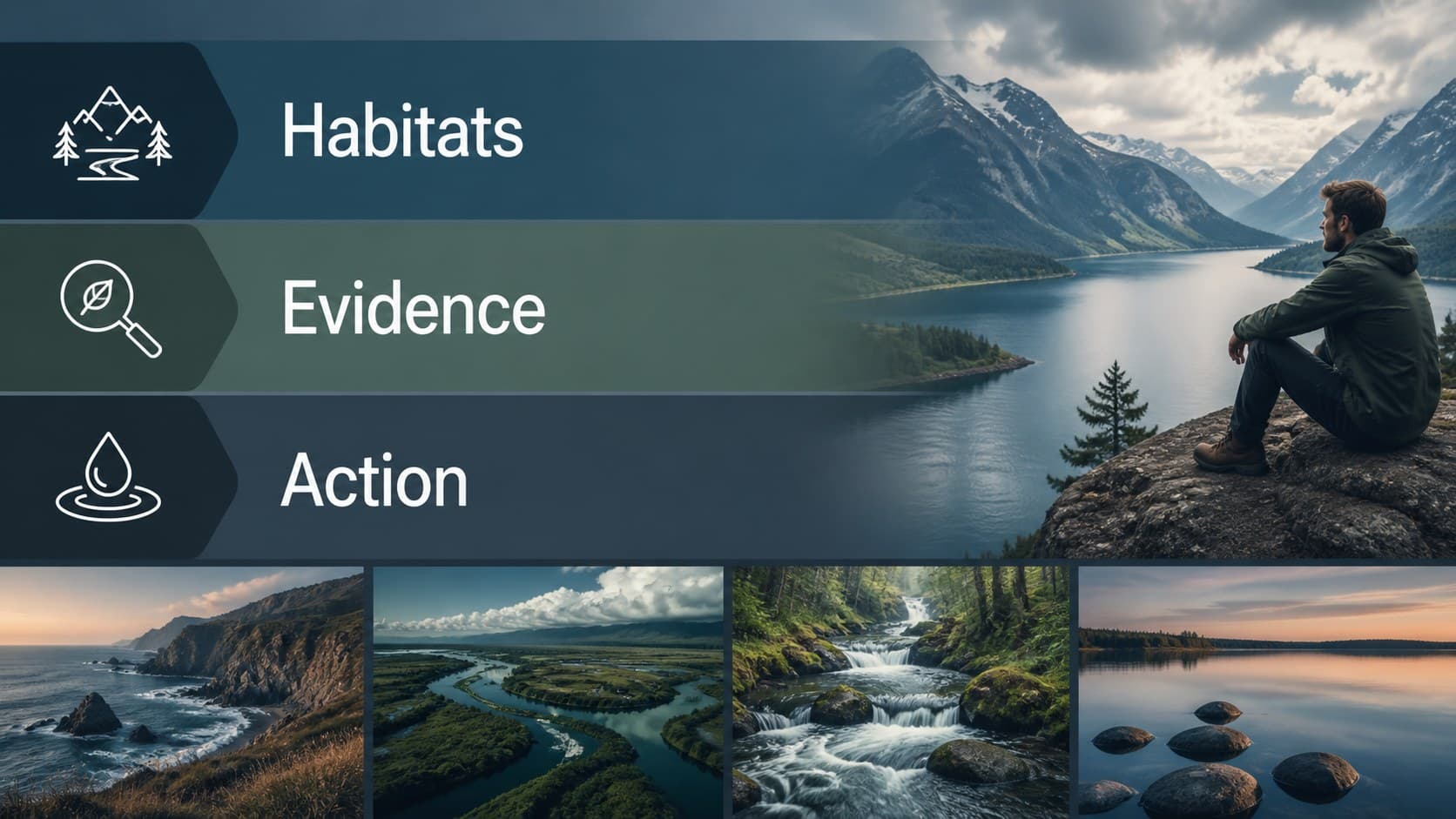 Agenda slide outlining an environmental storytelling presentation with sections for habitats, evidence, and action.