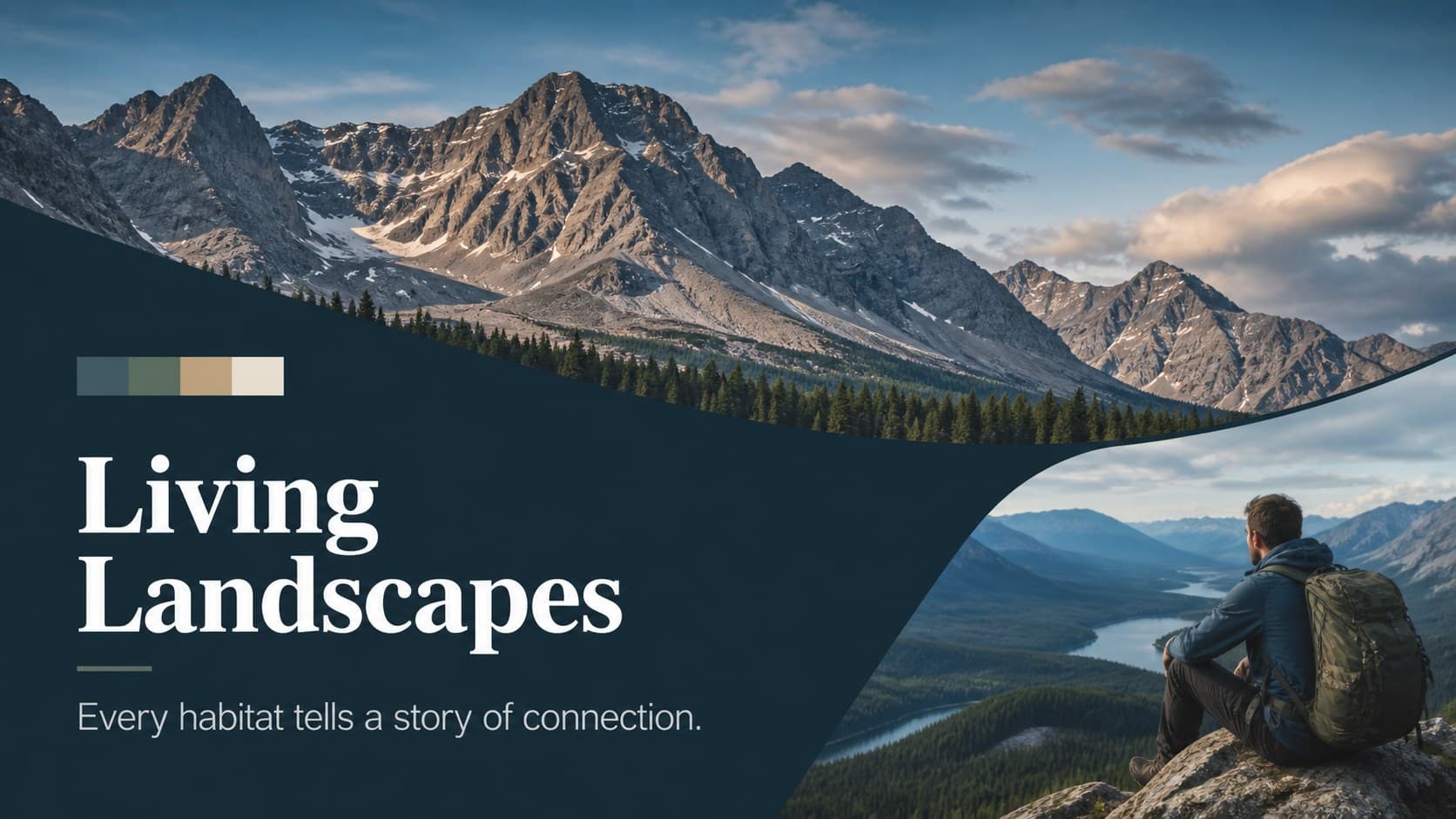 Section divider presenting the theme of living landscapes with colorful mountain and forest photography.