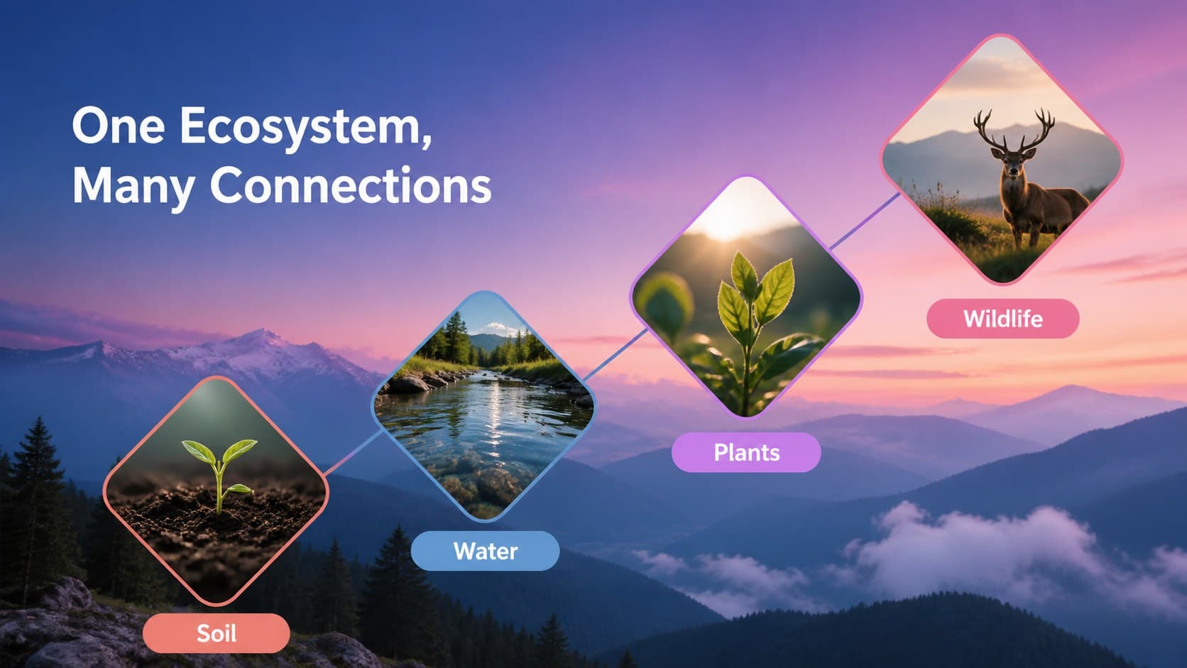 Ecosystem slide showing connected habitat elements in an environmental storytelling layout.