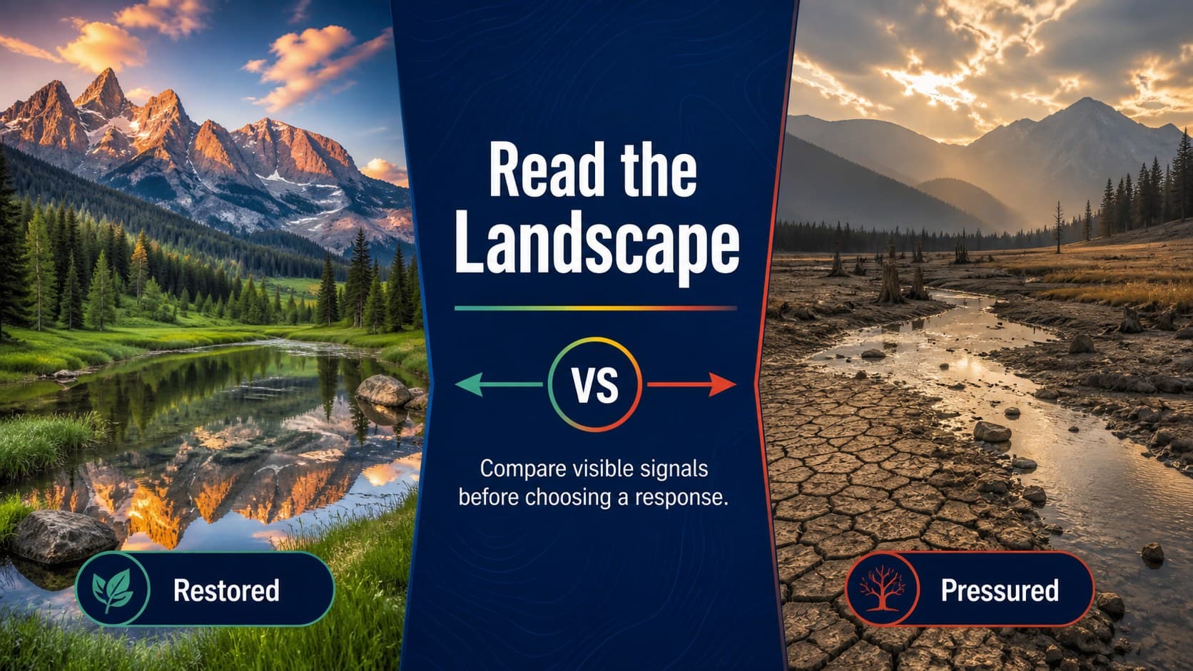 Landscape comparison slide contrasting restored and pressured environments with colorful photo panels.