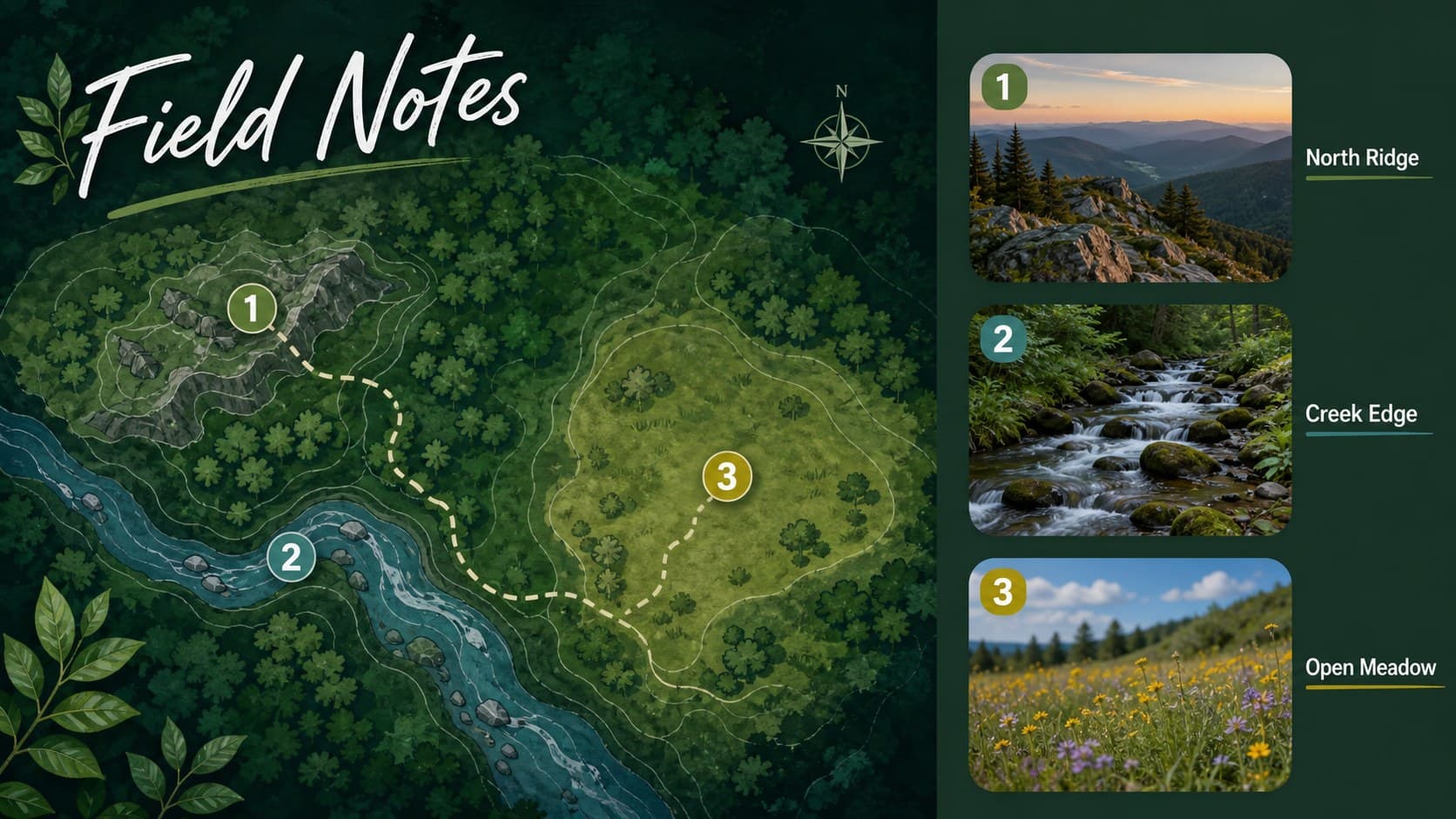 Field research slide with a colorful map-style layout for documenting a nature study.