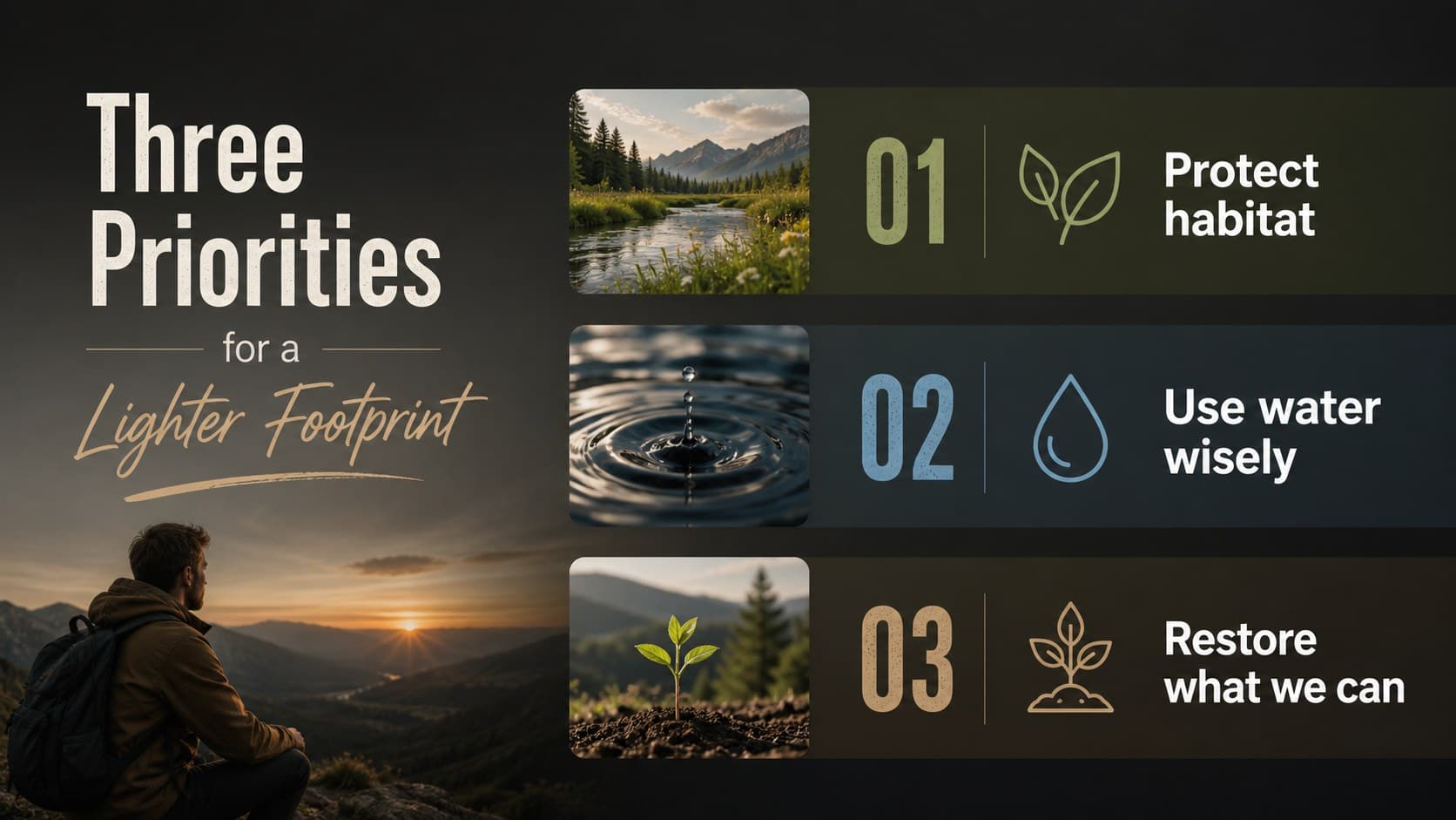 Sustainability priorities slide displaying three colorful environmental focus areas.