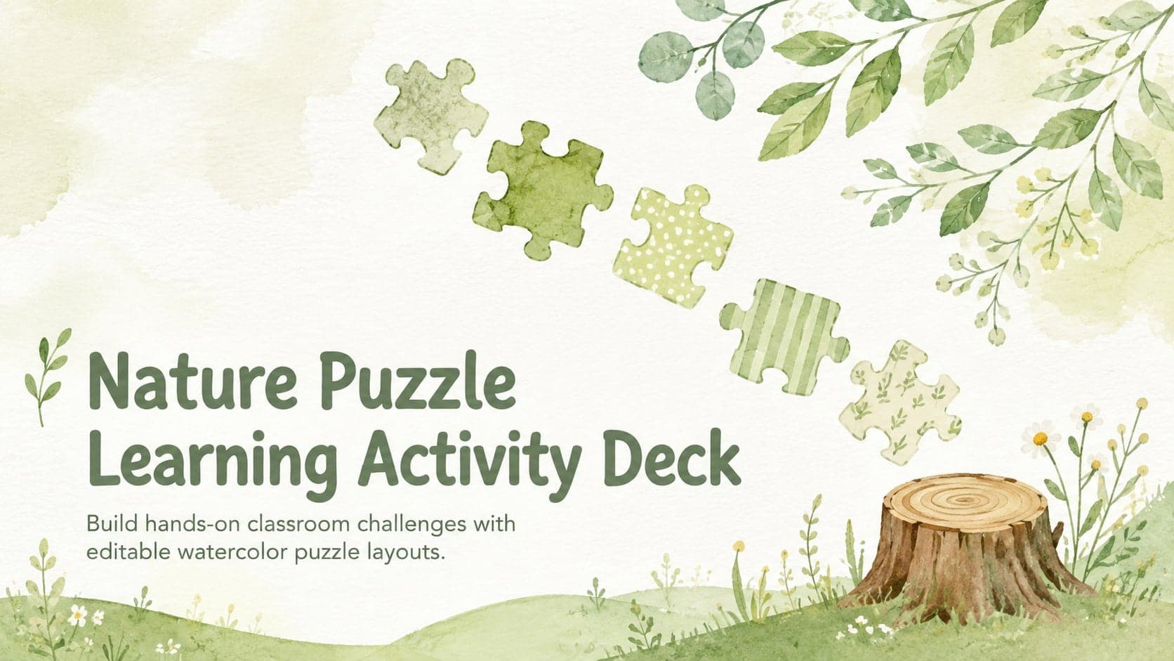 Cover of the Nature Puzzle Learning Activity Deck with green watercolor foliage and scattered jigsaw pieces.