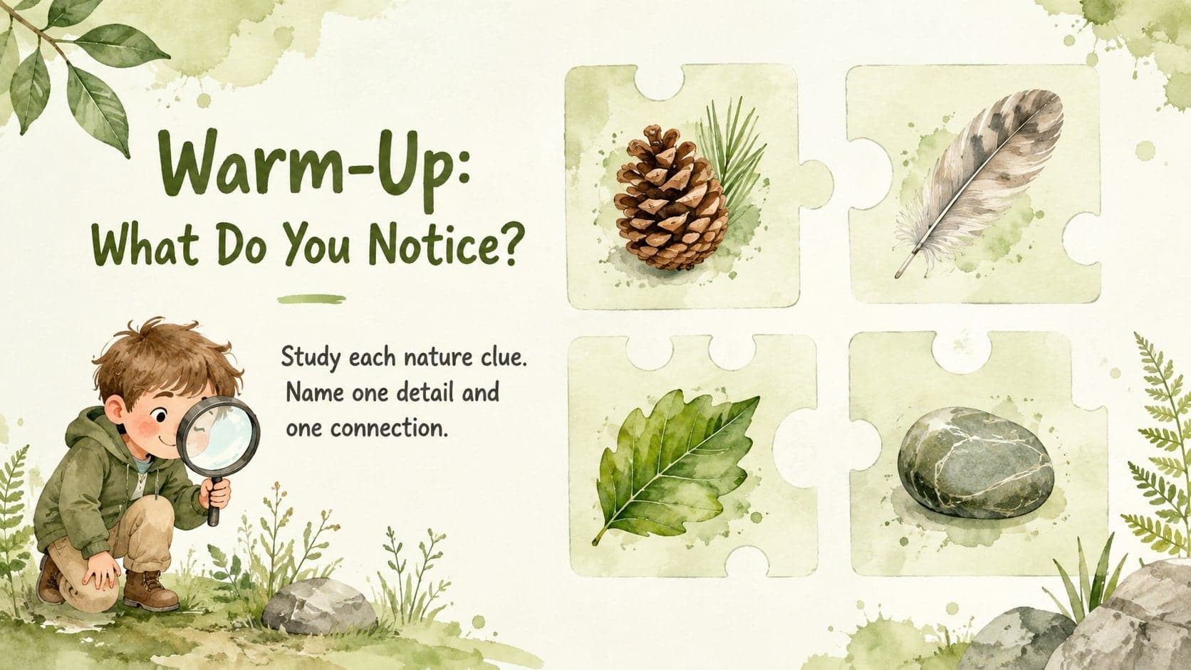 Interactive classroom puzzle presentation slide featuring a nature observation warm-up.