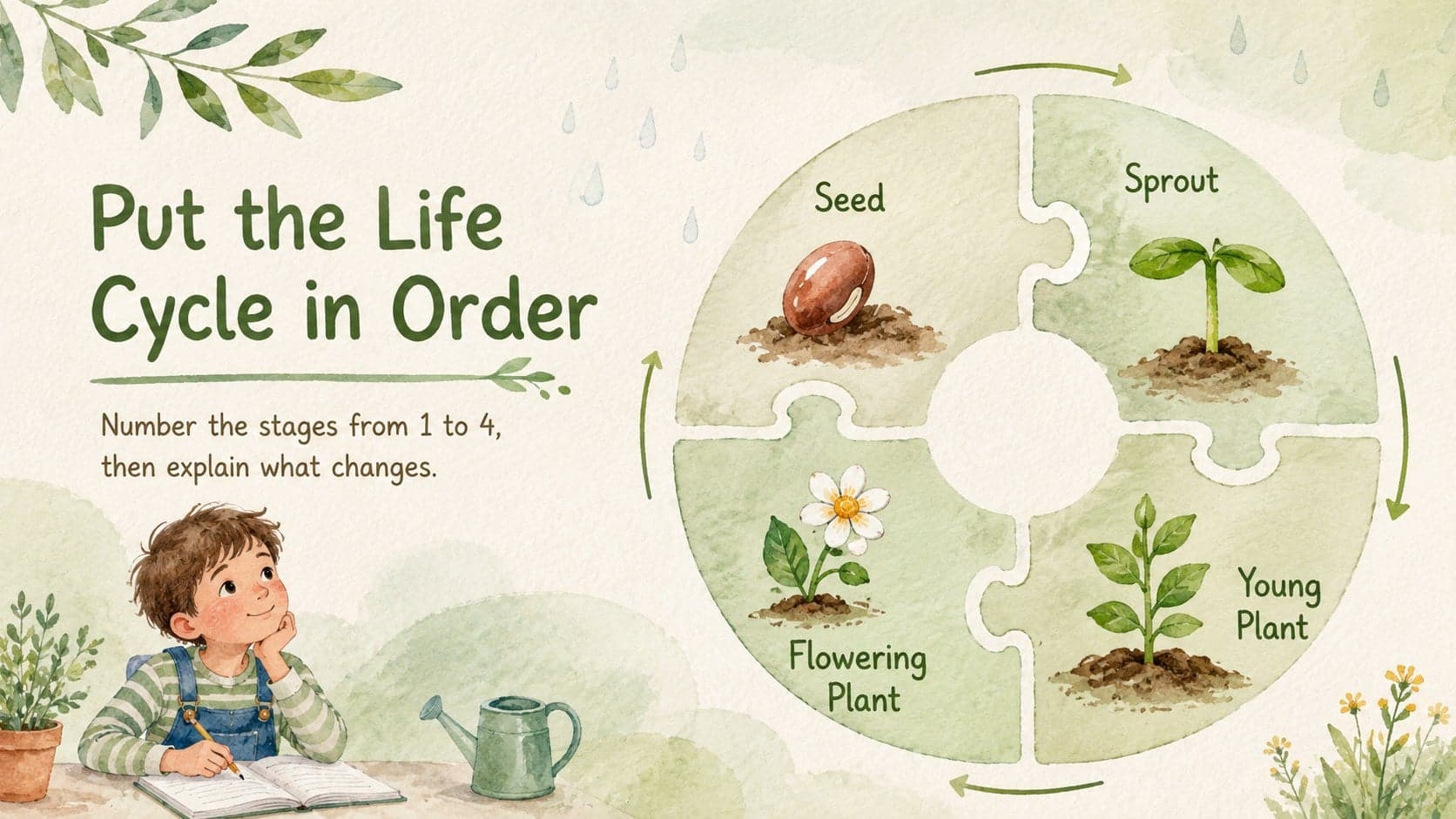 Elementary sequencing activity slide showing four watercolor stages of a plant life cycle.