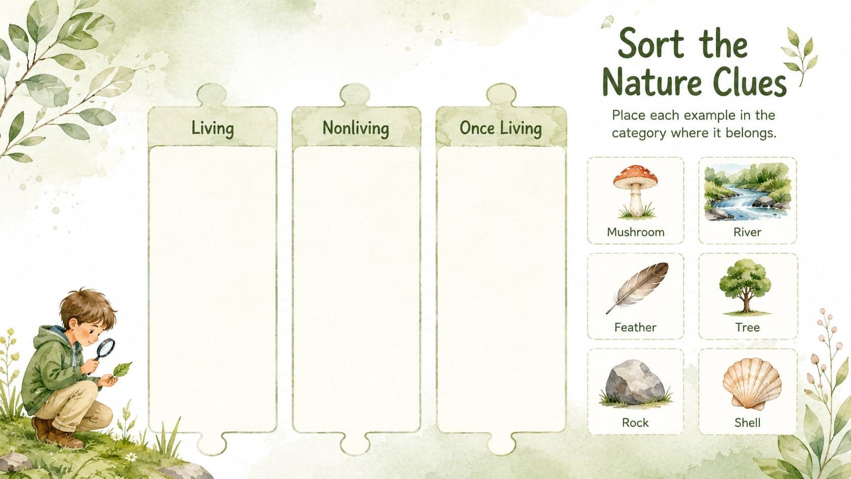 Puzzle based graphic organizer template sorting watercolor nature items into three categories.