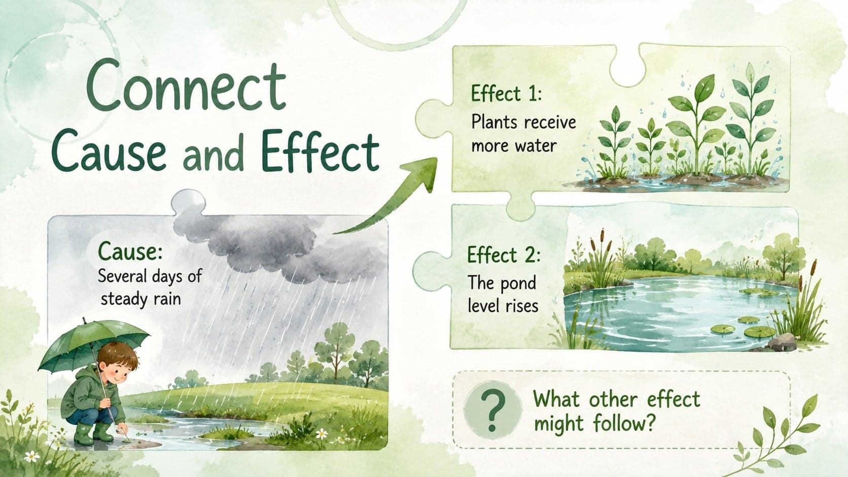 Watercolor puzzle classroom slide mapping a cause and effect relationship in nature.