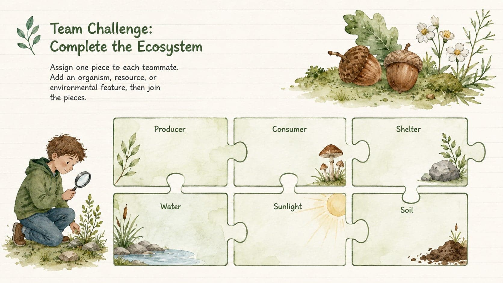 Nature puzzle learning activity deck slide presenting a collaborative ecosystem challenge.