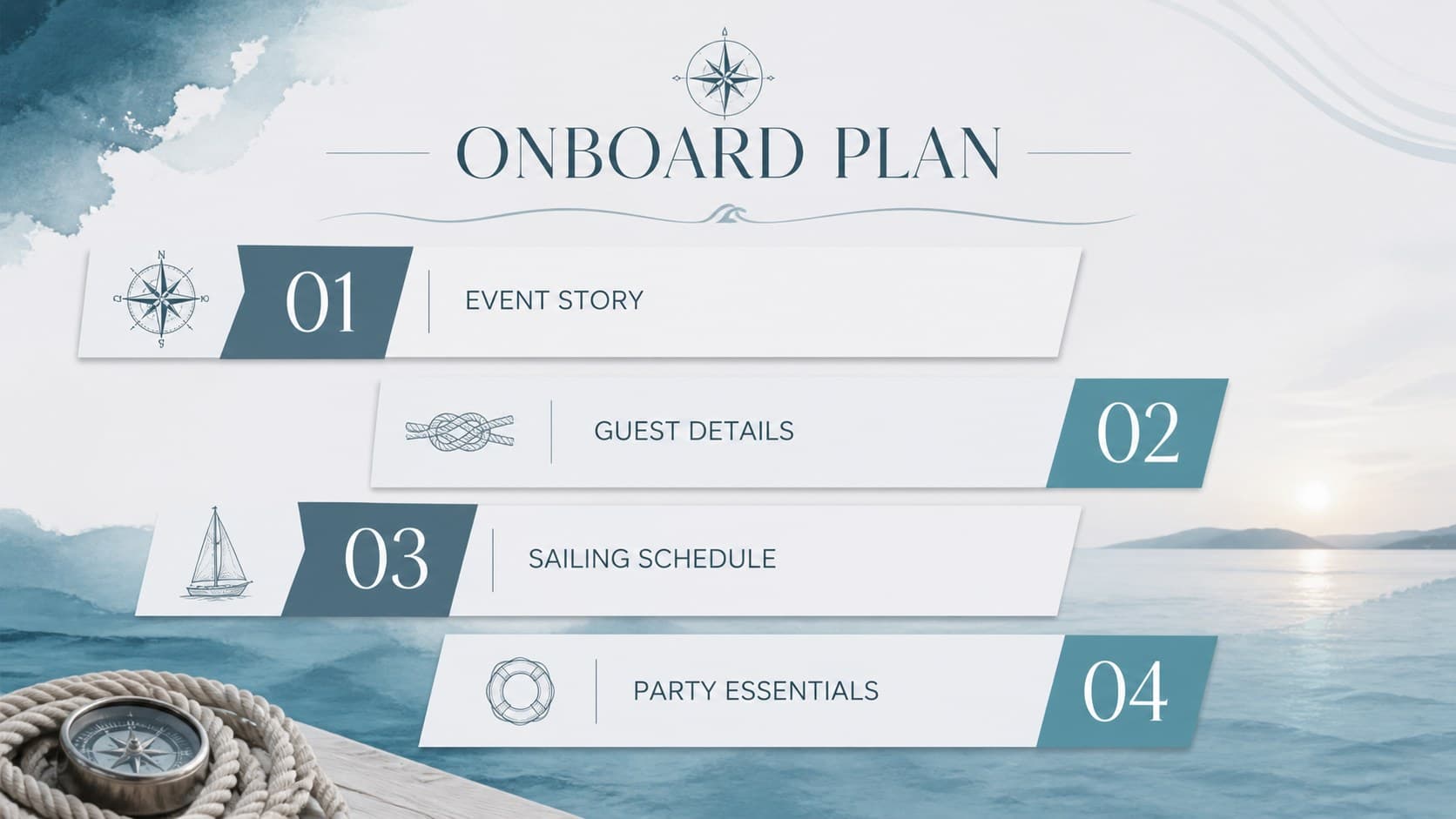 Nautical birthday celebration slides agenda showing the main sections of a yacht party plan.