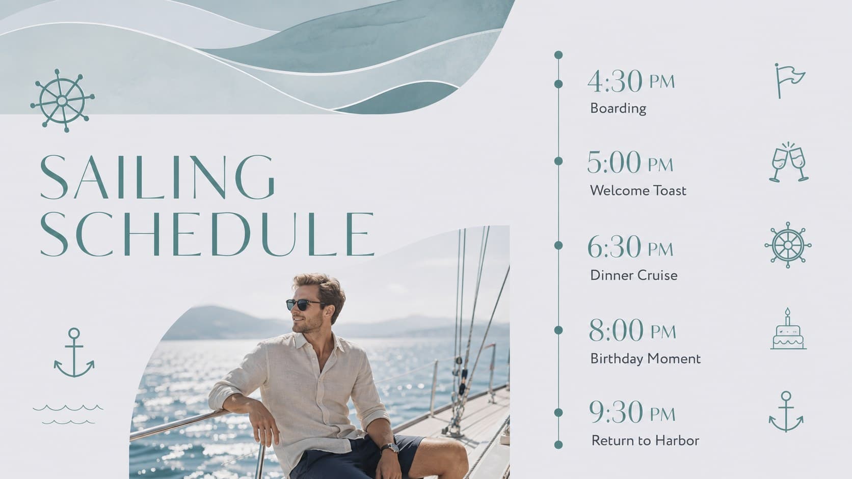 Yacht birthday itinerary slide with a clean timeline for boarding, cruising, dining, and return.