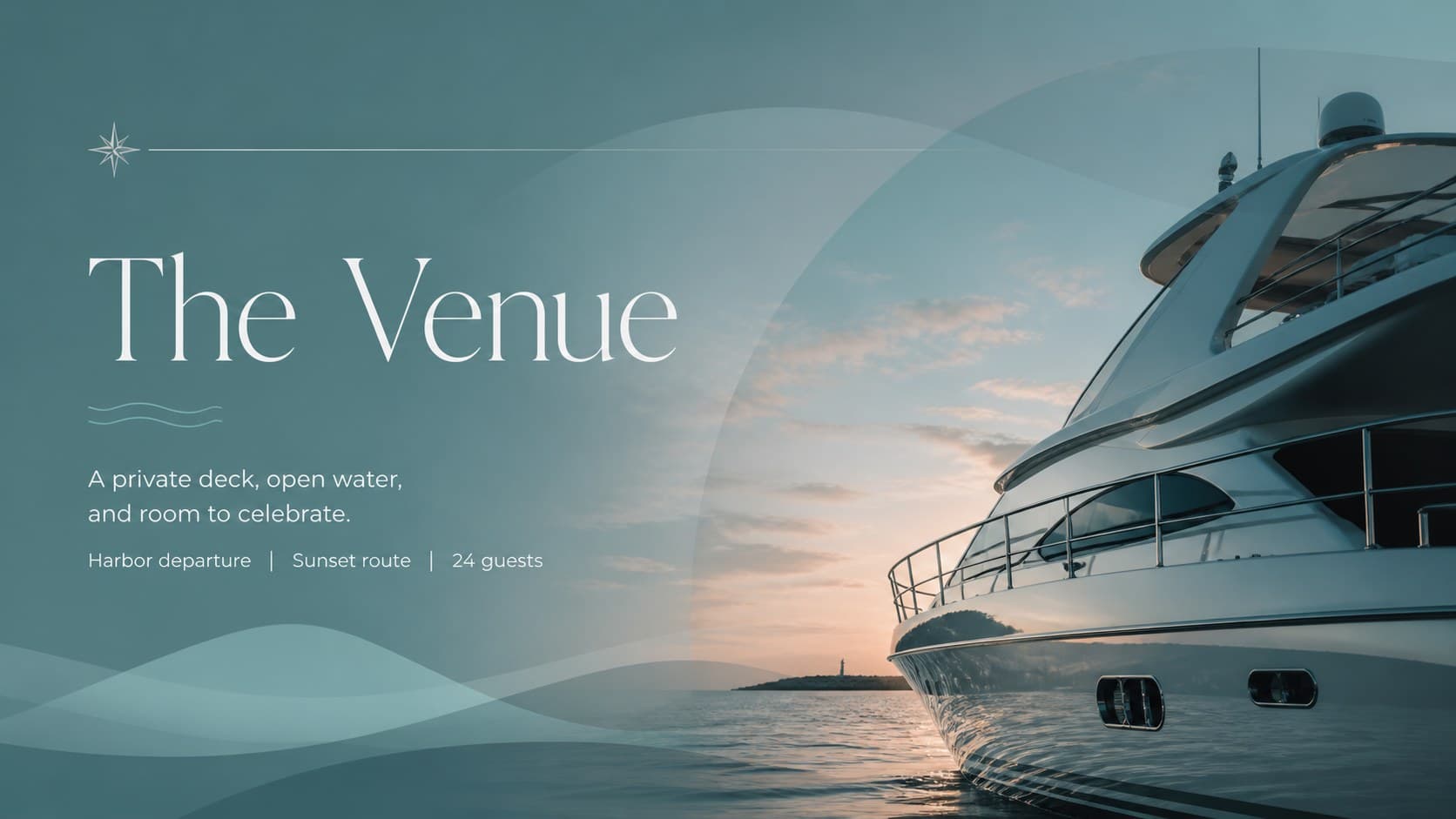 Coastal birthday event slide introducing the yacht venue with spacious blue-gray editorial design.