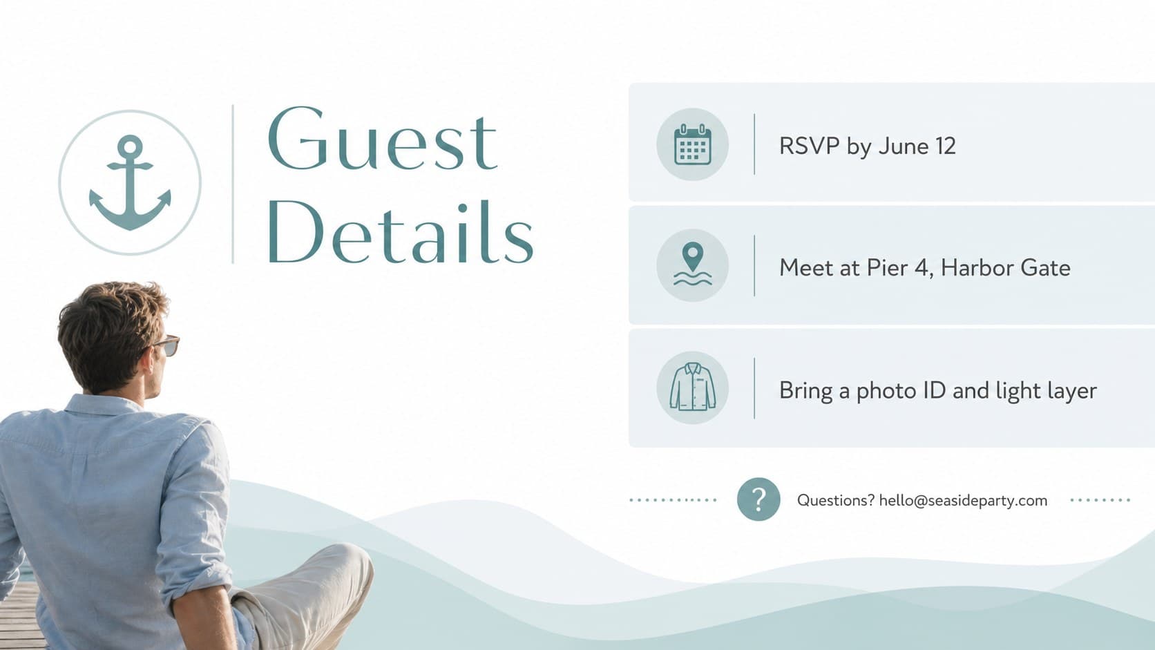 Boat party guest information slide with RSVP, boarding location, and contact details.