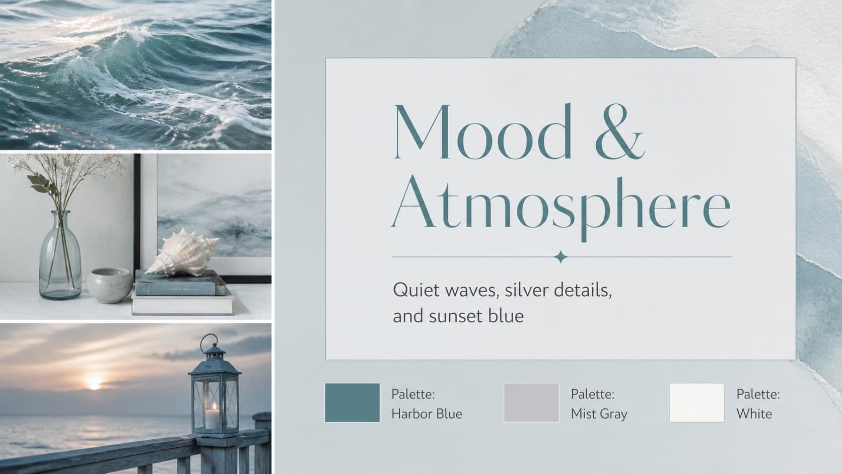 Maritime birthday moodboard slide featuring blue-gray decor, ocean textures, and elegant party styling.