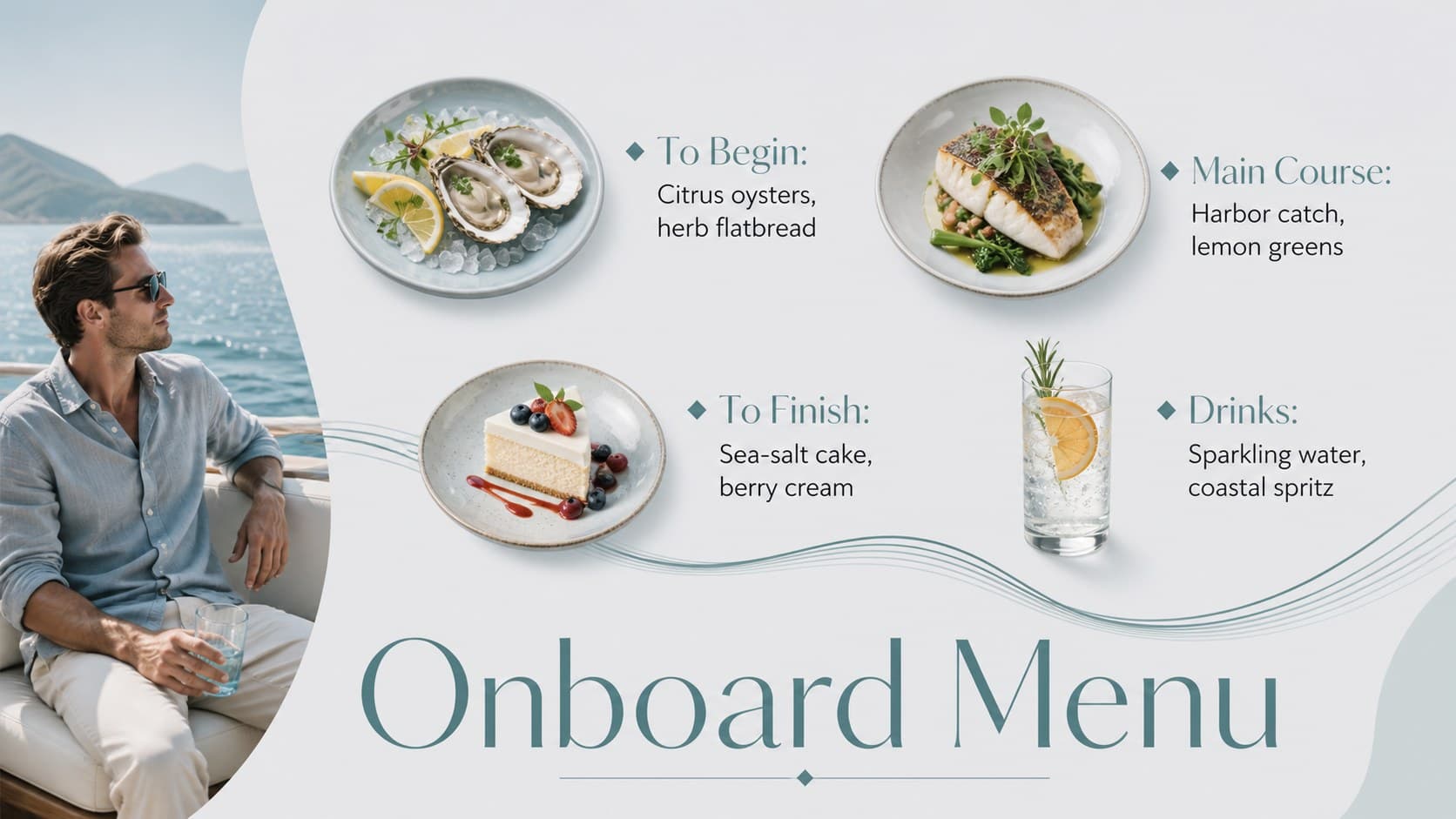 Birthday cruise menu slide presenting seafood, refreshments, and dessert in a minimal nautical layout.