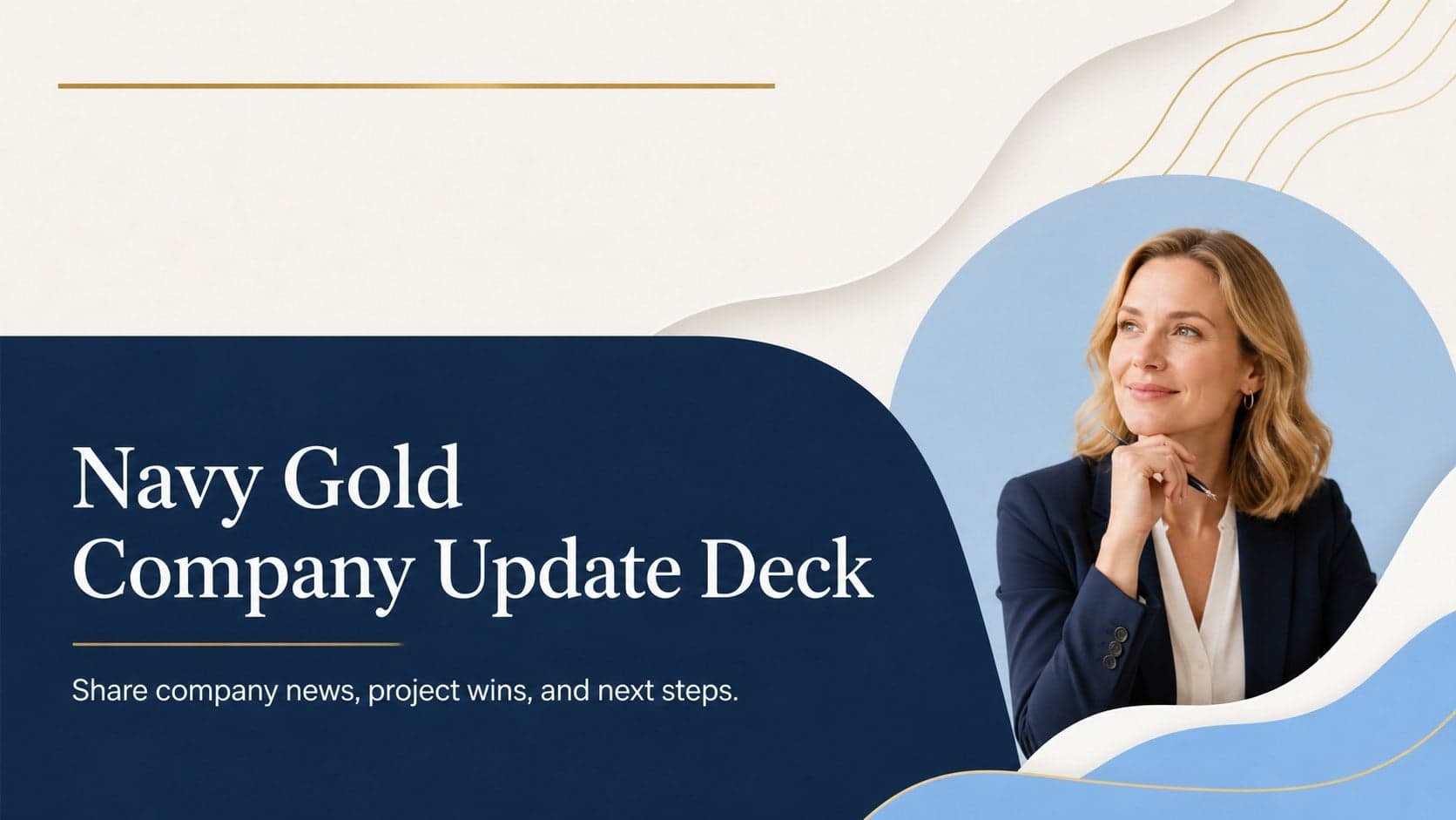 Cover of the Navy Gold Company Update Deck with an elegant editorial title treatment on a blue, gold, and white background.