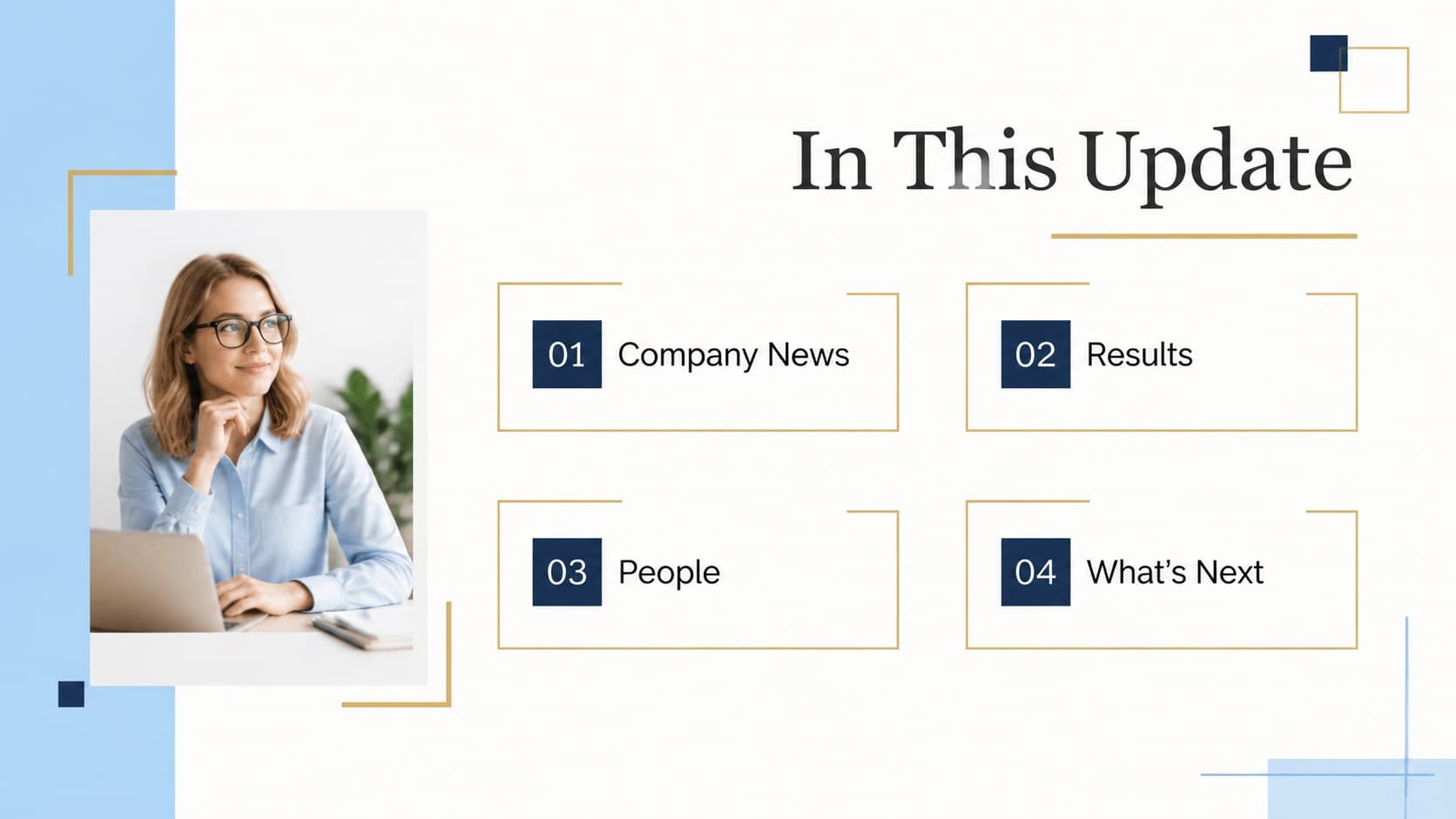 Minimal company newsletter agenda slide outlining news, results, people, and upcoming priorities.