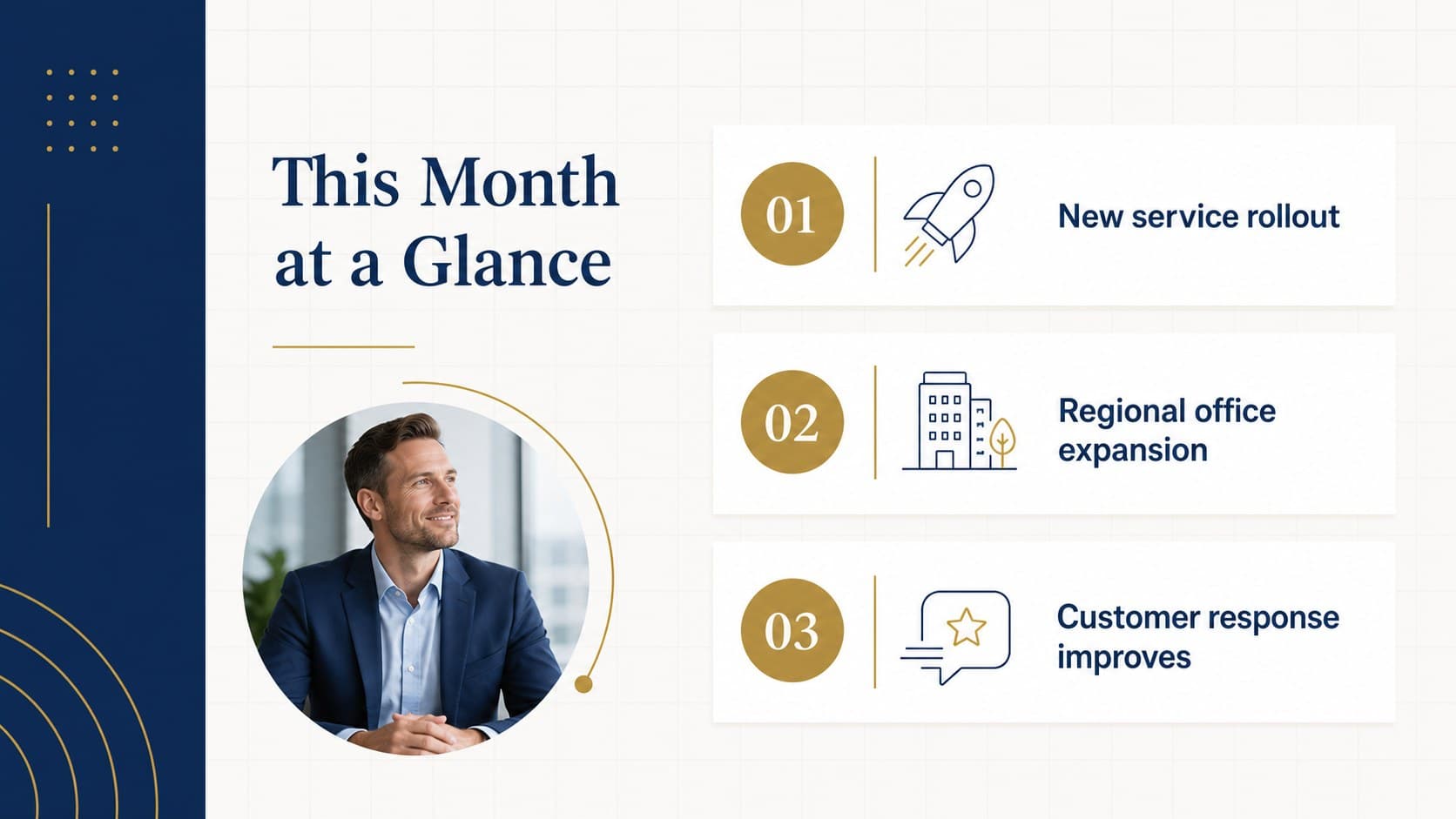 Blue and gold monthly company update slide summarizing key announcements in three concise sections.