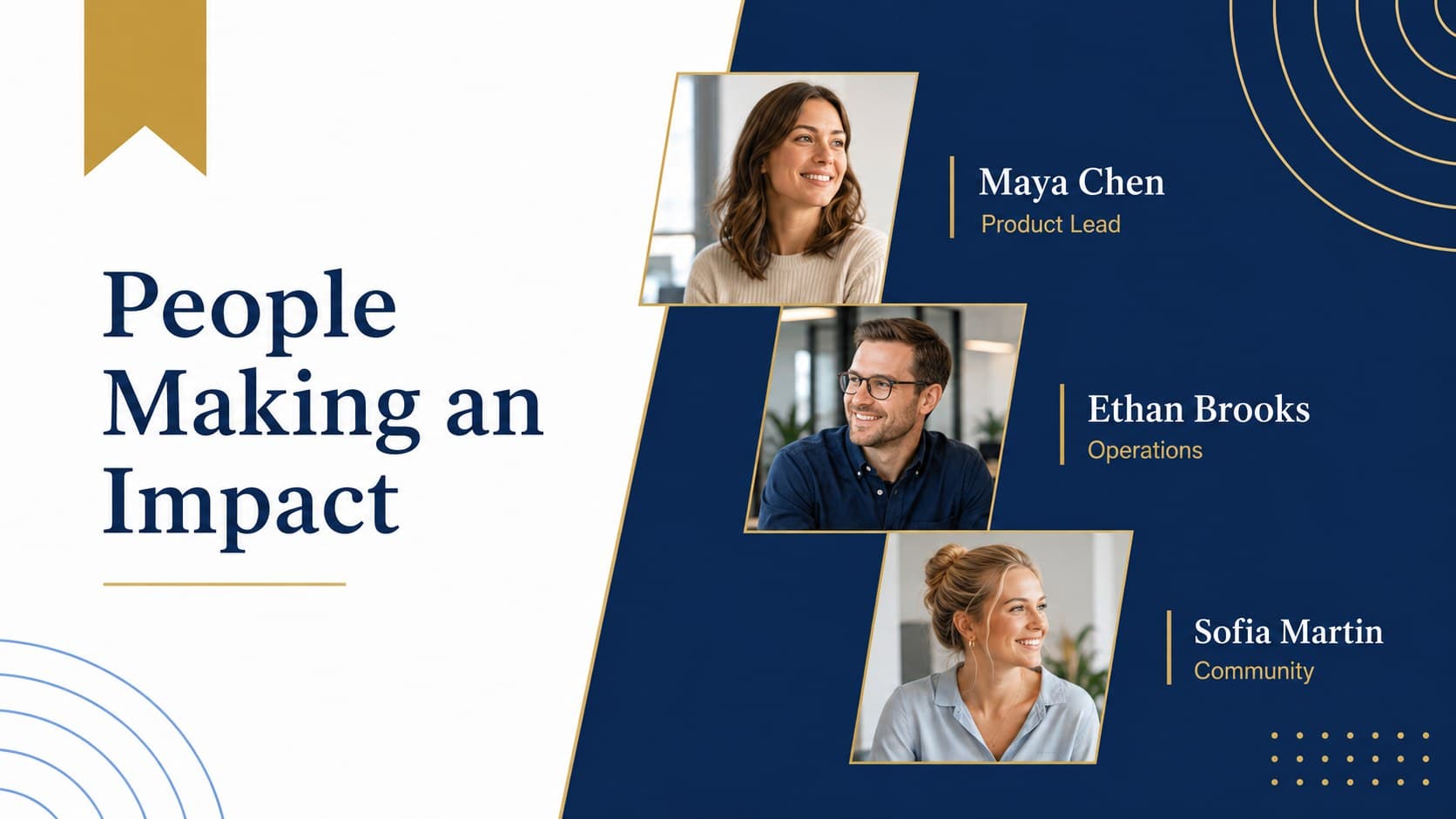 Minimal employee update presentation slide introducing three team members and their recent contributions.