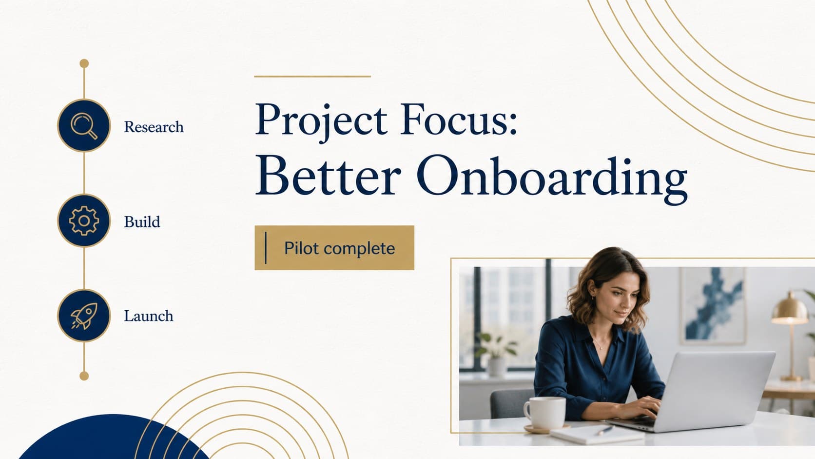 Blue gold project update slide presenting a featured initiative with milestones, status, and next steps.