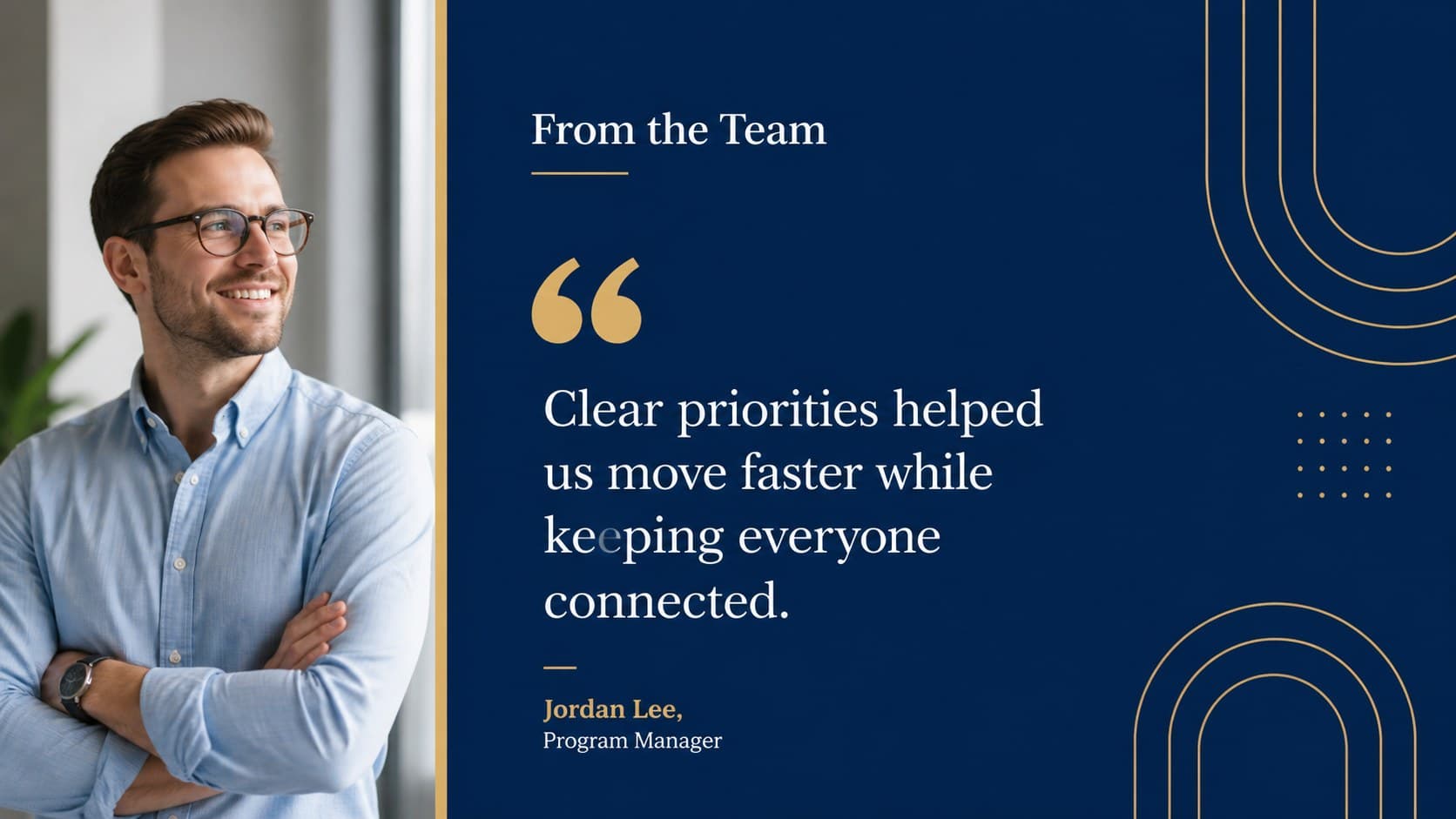 Corporate bulletin slide displaying an employee quote beside a modern office photograph.