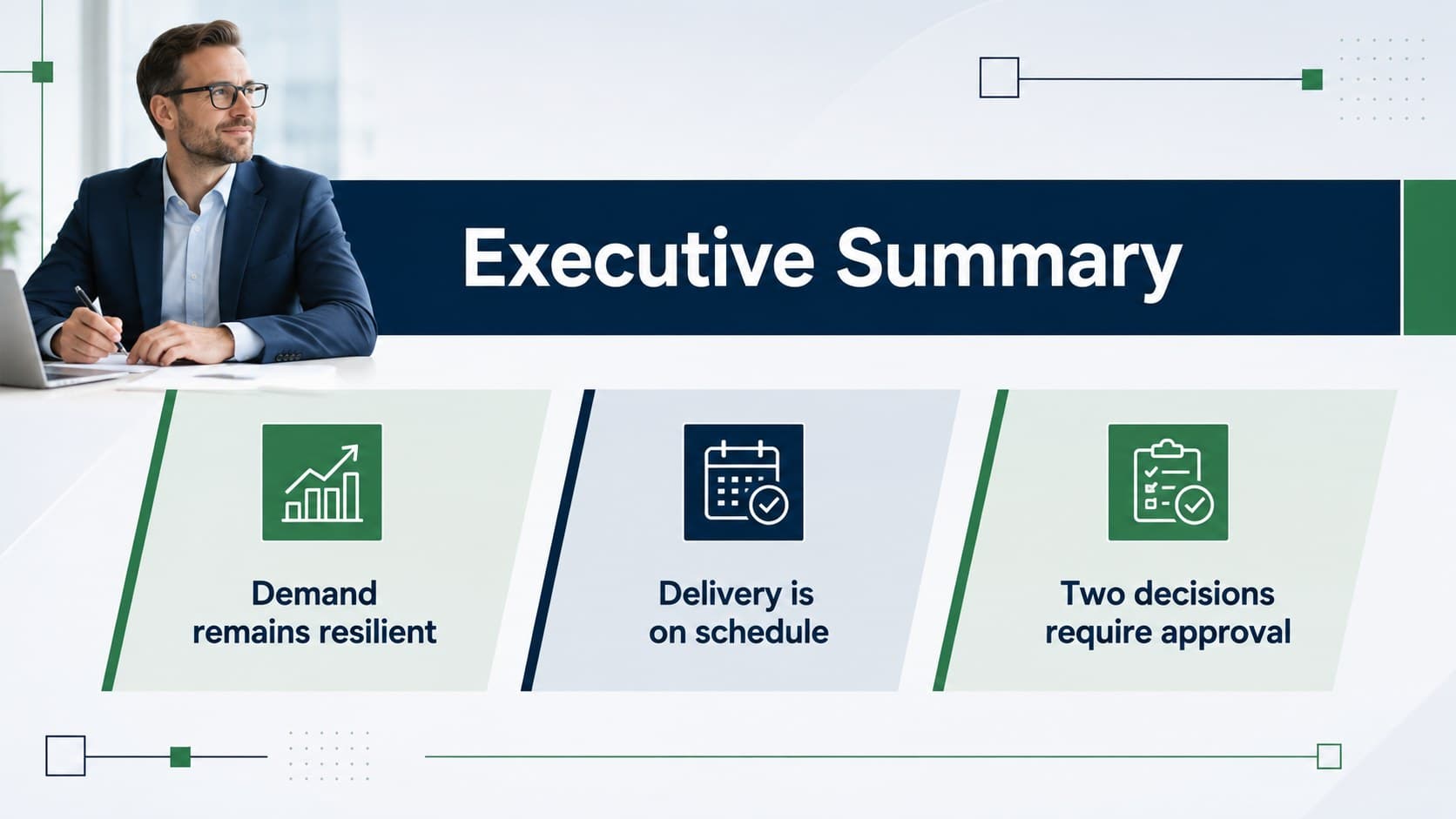 Executive summary layout for a blue green corporate presentation template with three key findings.