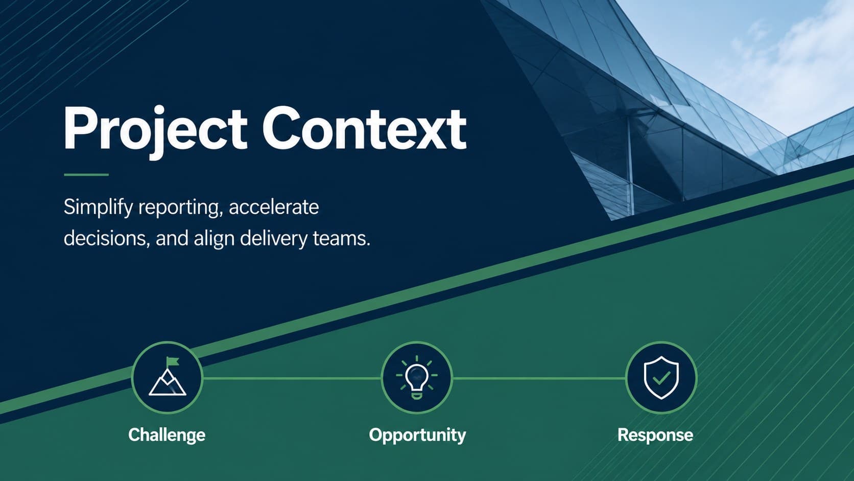 Business briefing slide outlining project context, challenge, and strategic response.