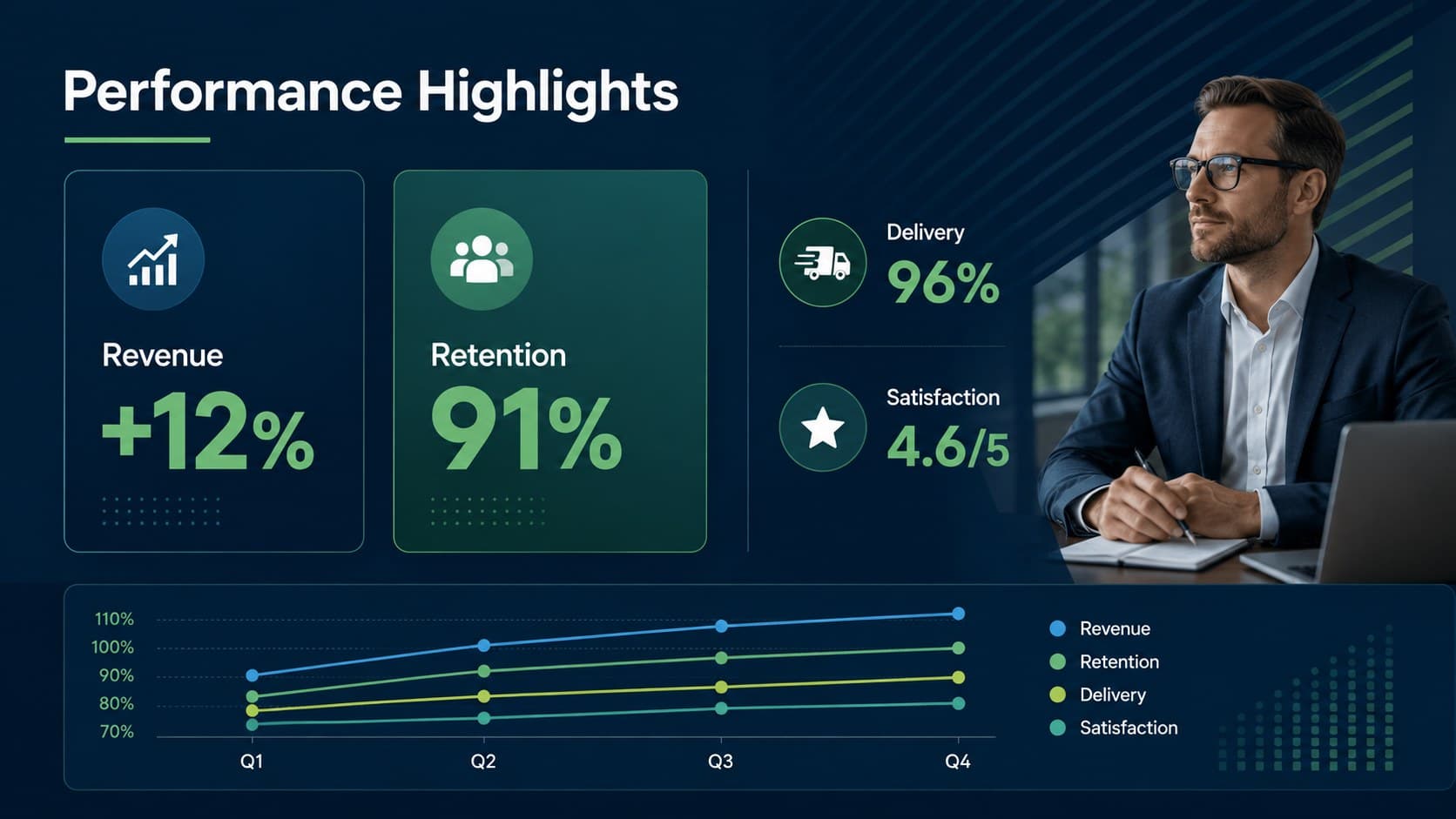 Quarterly review presentation layout with four performance metrics and trend indicators.