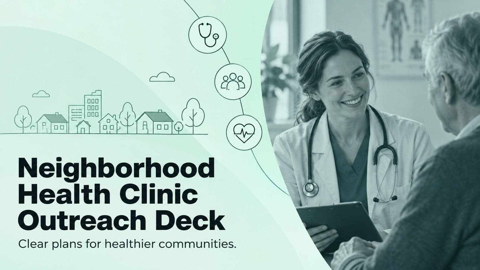 Cover of the Neighborhood Health Clinic Outreach Deck with a clean green healthcare design and community care photography.
