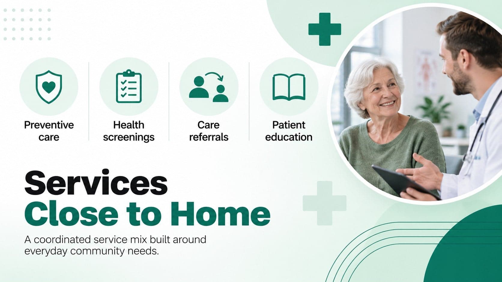 Primary care services overview featuring preventive care, screenings, referrals, and health education.