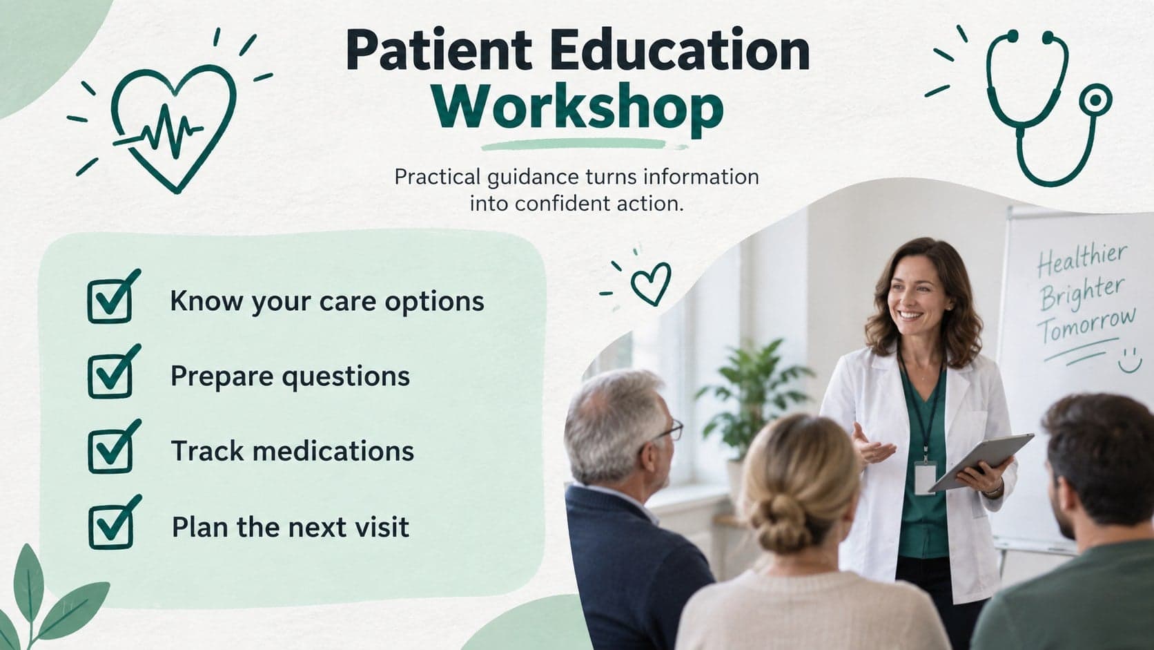 Patient education workshop slide with a prevention checklist and facilitator photograph.
