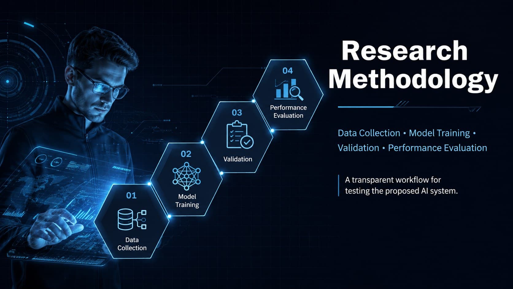 AI research presentation template with a methodology workflow and machine learning process stages.